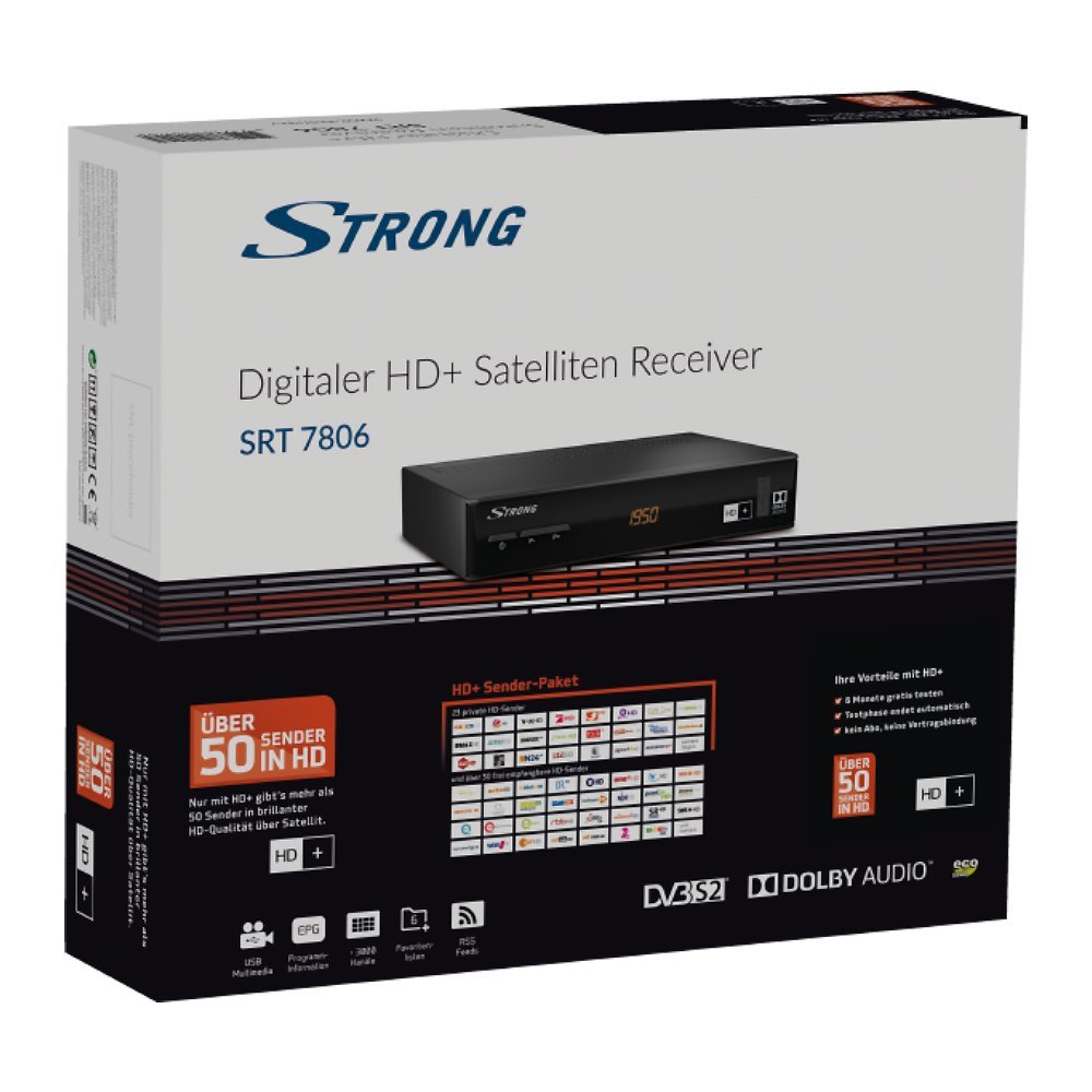Strong SRT 7806 HD Récepteur Satellite numérique – HD + Paquet sur 14.2 rten einschub – dvbs2 – Flux RSS et prévisions météo Via Ethernet – Noir