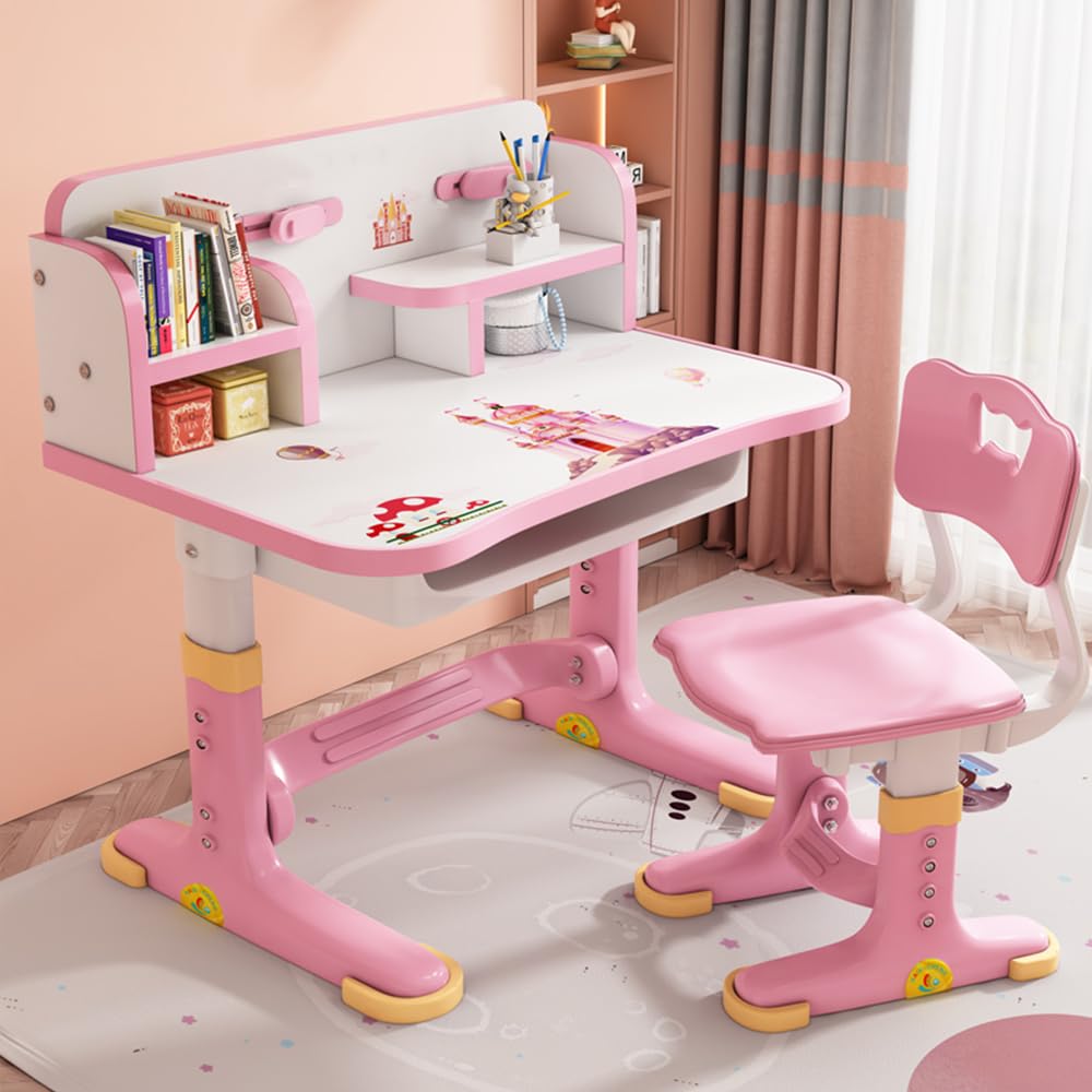 Kinderschreibtisch und Stuhl Set, Höhenverstellbar Schreibtisch Kinder Mit Schubladen und Bücherregalen, Cartoon Schreibtisch Bücherregal für Jungen und Mädchen zu Studieren (Rosa Schloss)