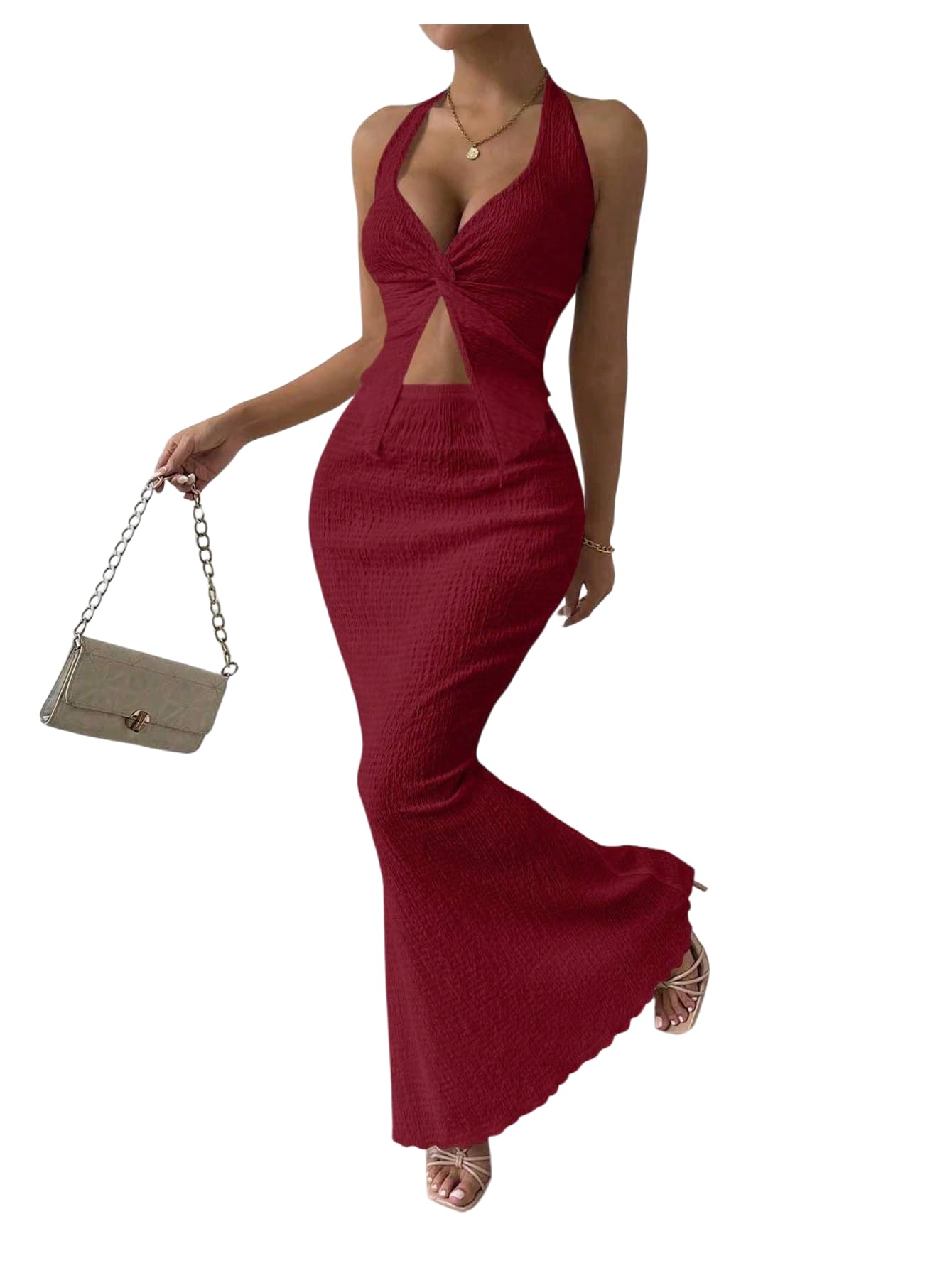 SOLY HUX Women's 2 Piece Outfit Twist Front Halter Cami Skirt Summer Set