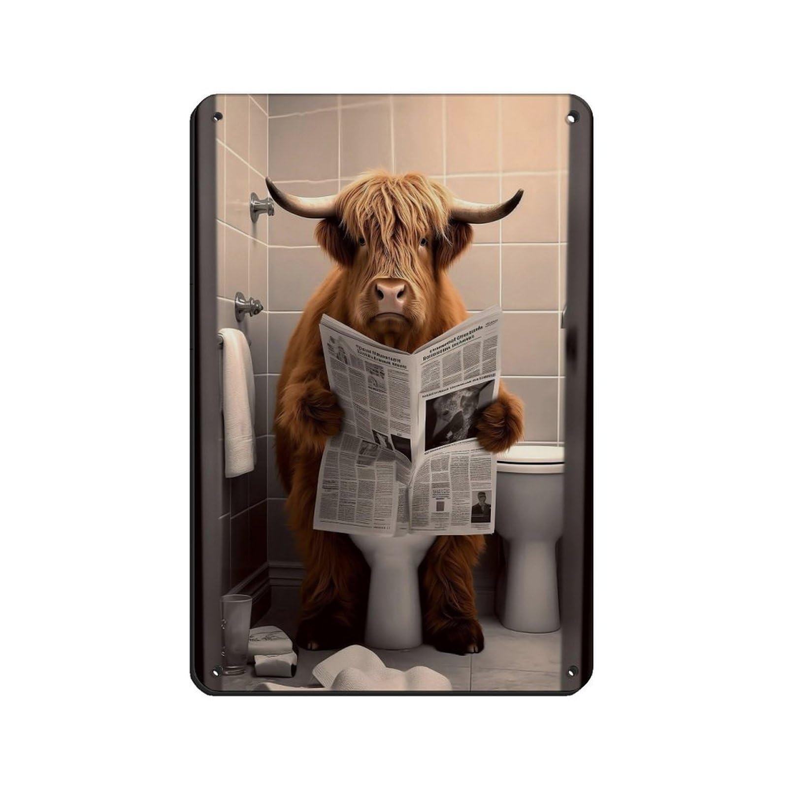 Lxwnze 20L X 30W Cm Scottish Highland Cow In Bathroom Poster Retro Poster Metal Tin Sign Chic Art Retro Iron Painting Bar People Cave Cafe Family Garage Poster Wall Decoration 8X12inch(20X30cm)