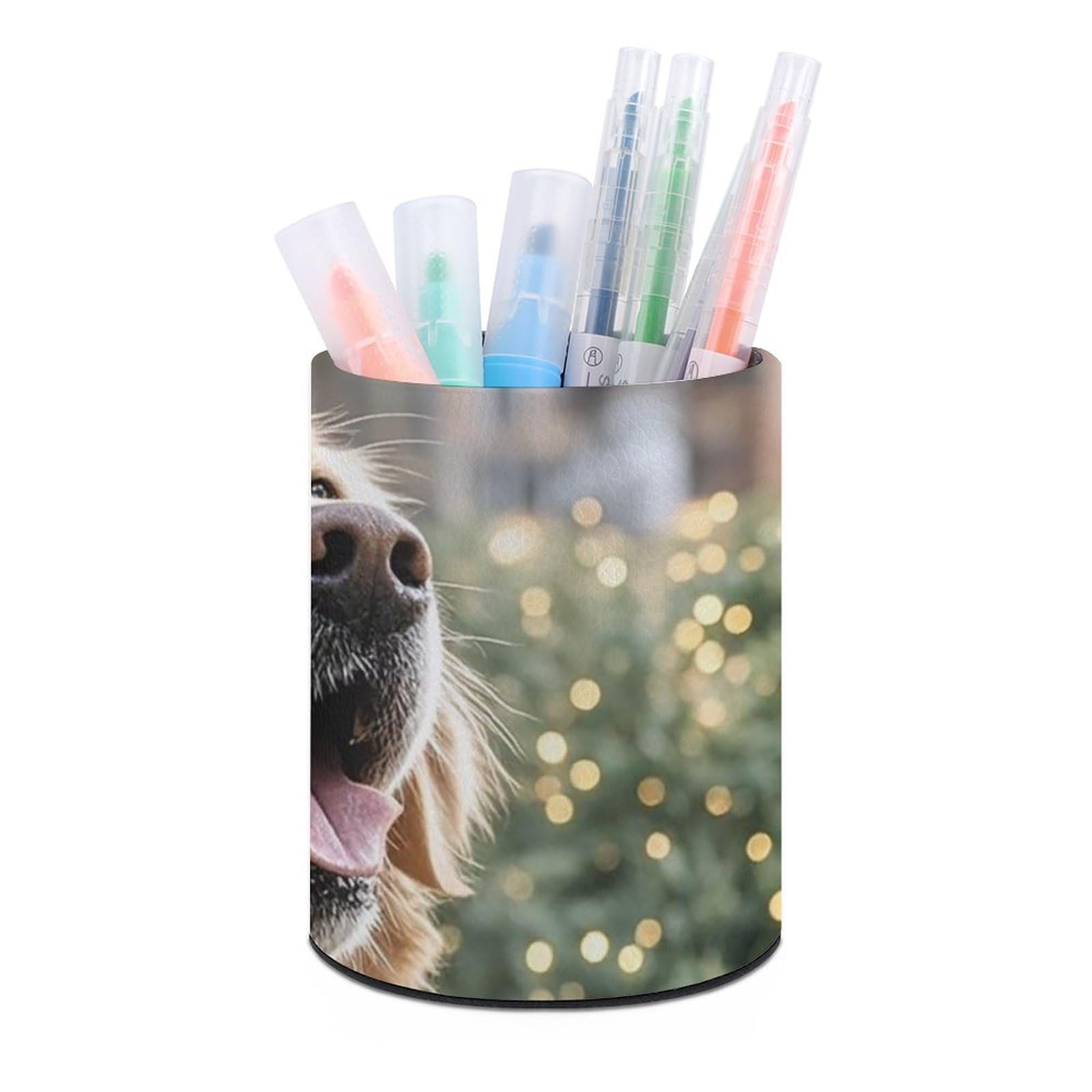FekiLoot PU Leather Round Pen Holder Golden Retriever Dog Pencil Holder Desk Organizer Pen Organizer Pen Cup Pencil Cup Caddy Desktop Stationery Organizers for Office Home Supplies
