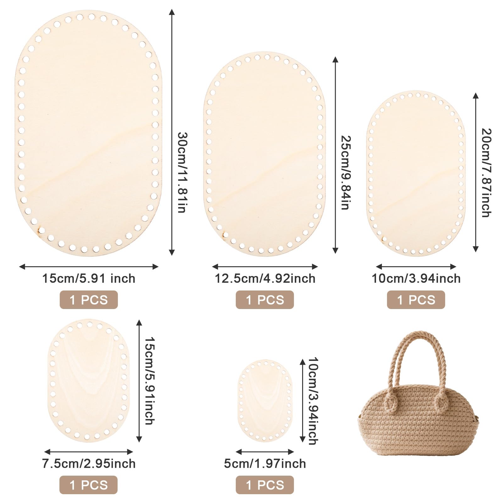 5 Pcs Wooden Basket Bottom for Crocheting, 5 Sizes Wooden Oval Blank Solid Crochet Basket Base for DIY Basket - Weaving Supplies, Home Decoration