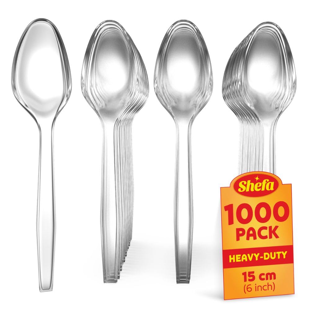 Shefa 1000 Clear Spoons, Heavy Duty Spoons, Microwave-Safe Tablespoon, 6" Long for Birthday, Parties, Camping