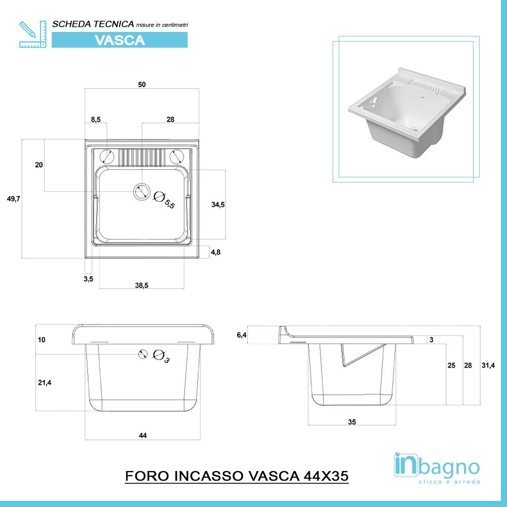 Mobile Lavatoio Moderno Grigio 50x50 Completo di Vasca in Resina E ASSE in Legno