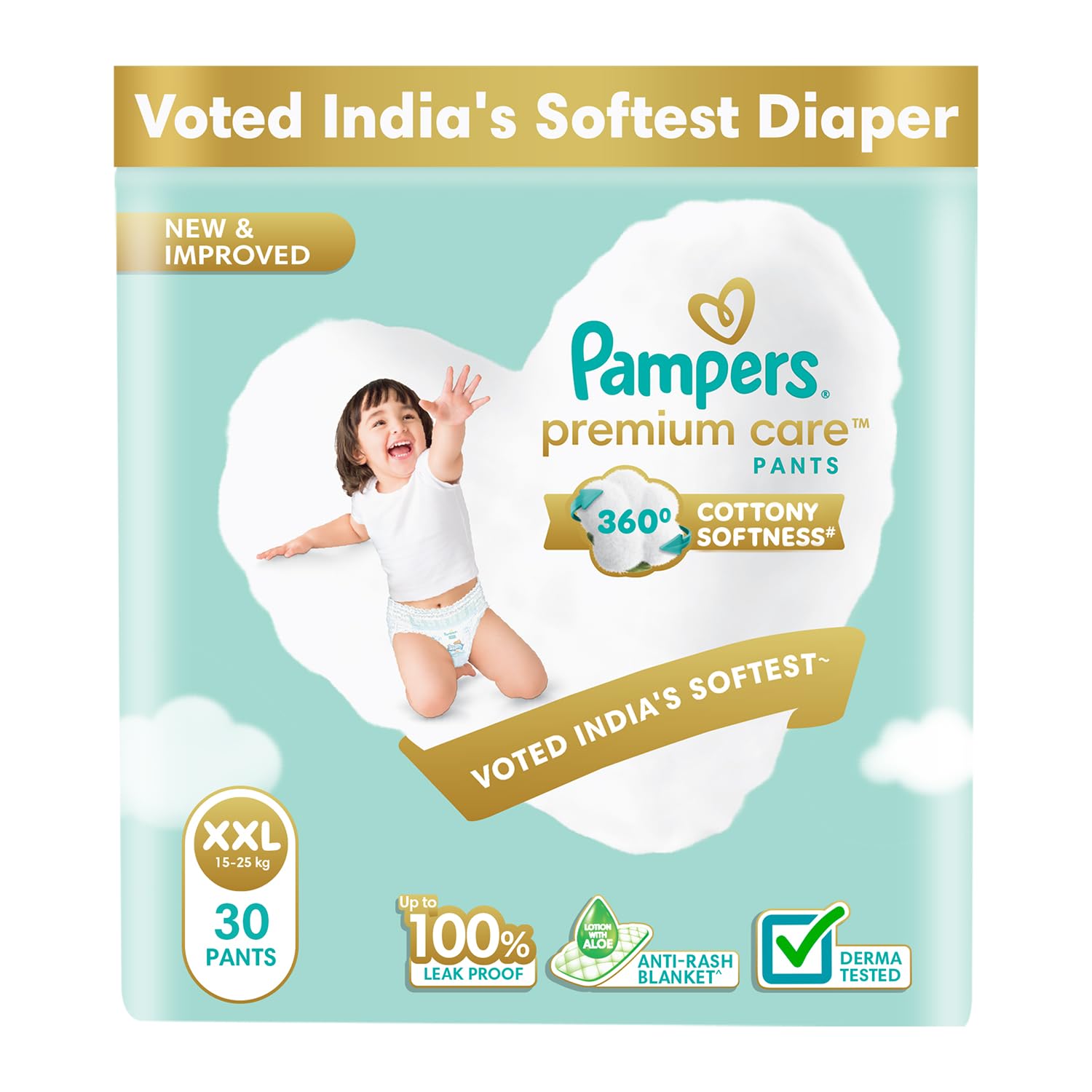Pampers Premium Care Pant Style Baby Diapers | XX-Large (XXL size) | 30 Count | Voted India's Softest | All-in-1 with 360 Cottony Softness Diapers | 15-25kg