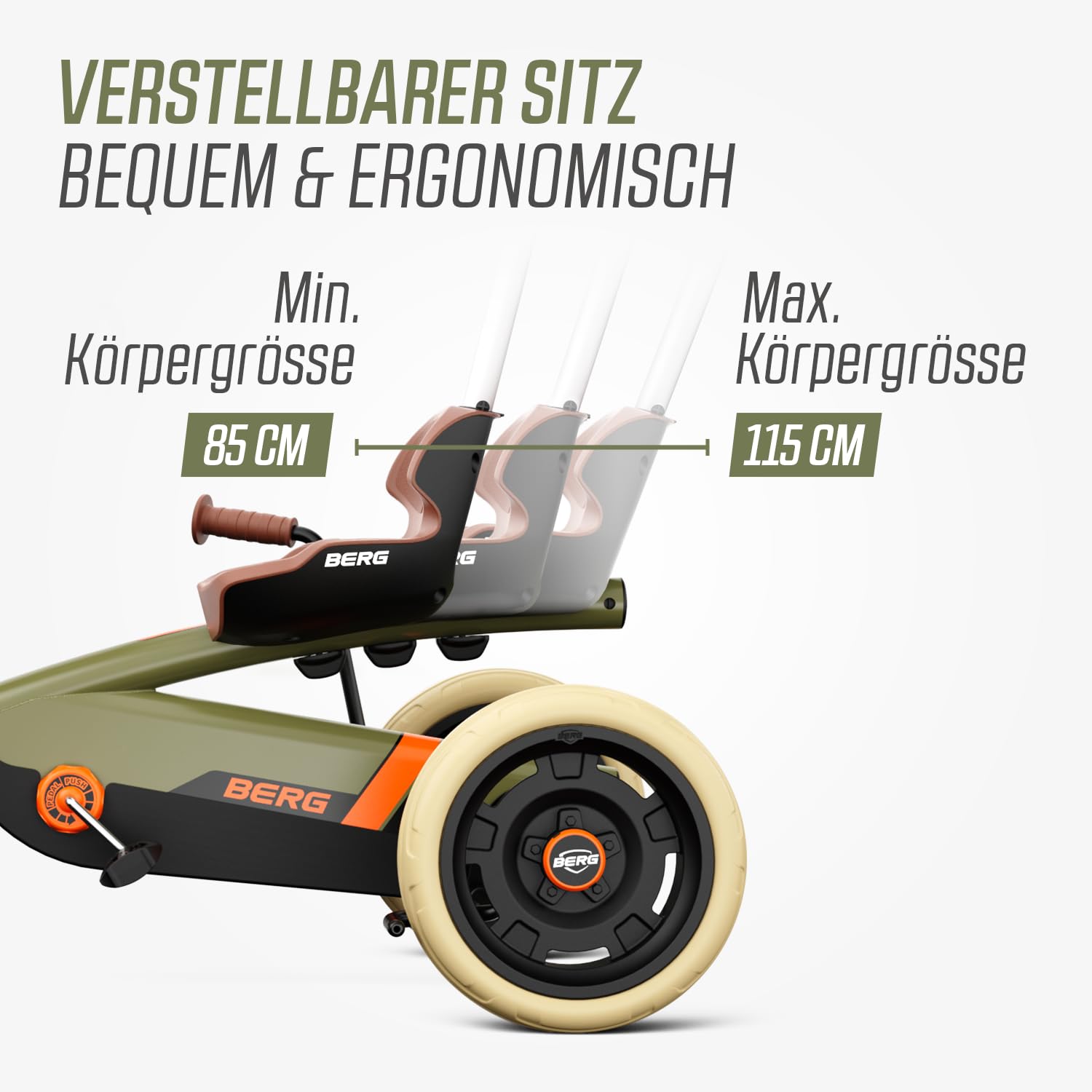 BERG Pedal-Gokart Buzzy 2-in-1 inkl. Schubstange | Gokart mit Freilauf | Tretfahrzeug für Kinder ab 2 Jahren | Kinderfahrzeug mit Handbremse und hohem Sicherheitsstandard | Retro Green