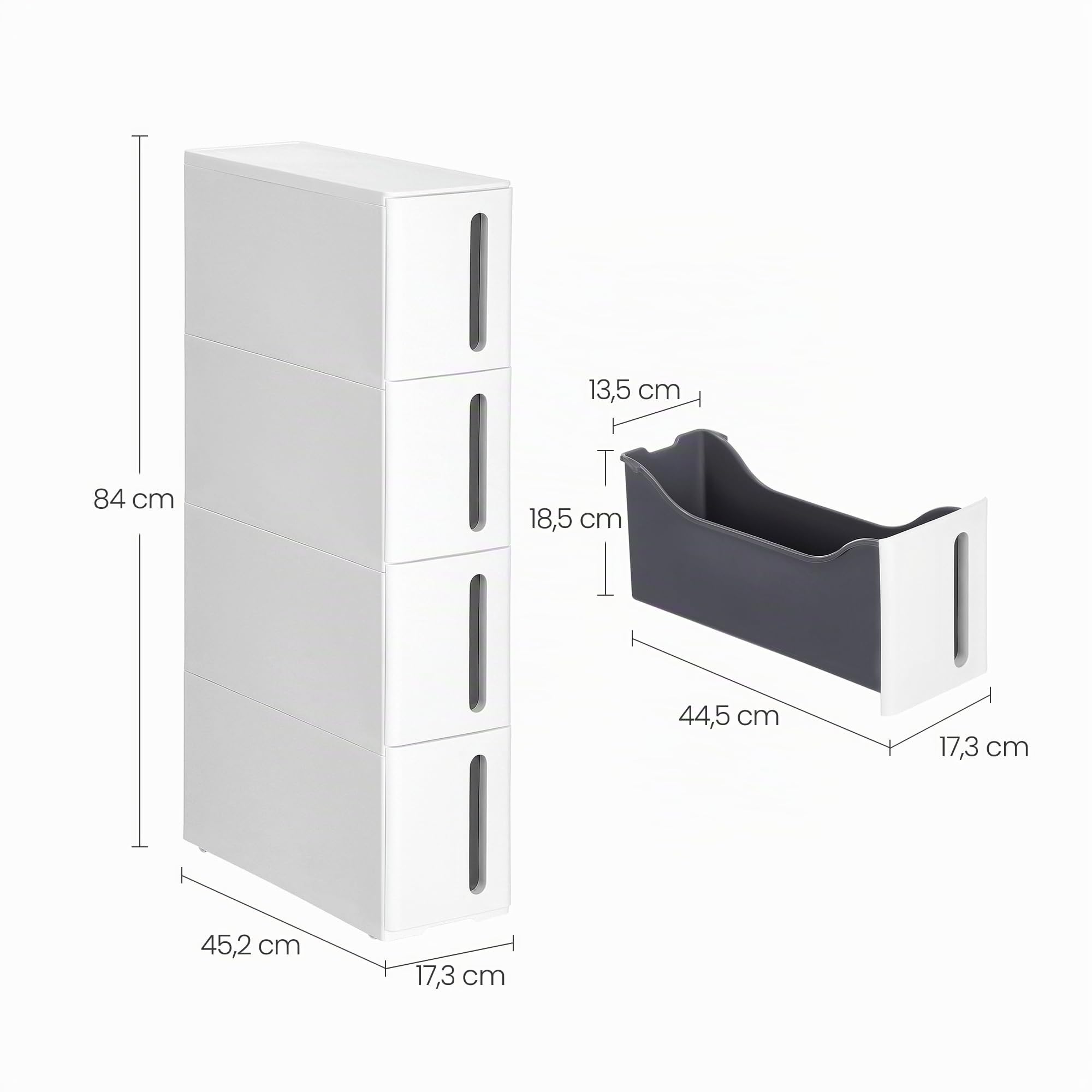 SONGMICS Nischenregal mit Rollen, Rollwagen mit 4 Schubladen, 17,3 cm breit, Badregal schmal, Rollregal, Küchenregal, PP-Kunststoff, platzsparend, 45,2 x 17,3 x 84 cm, weiß-grau KFR008G01