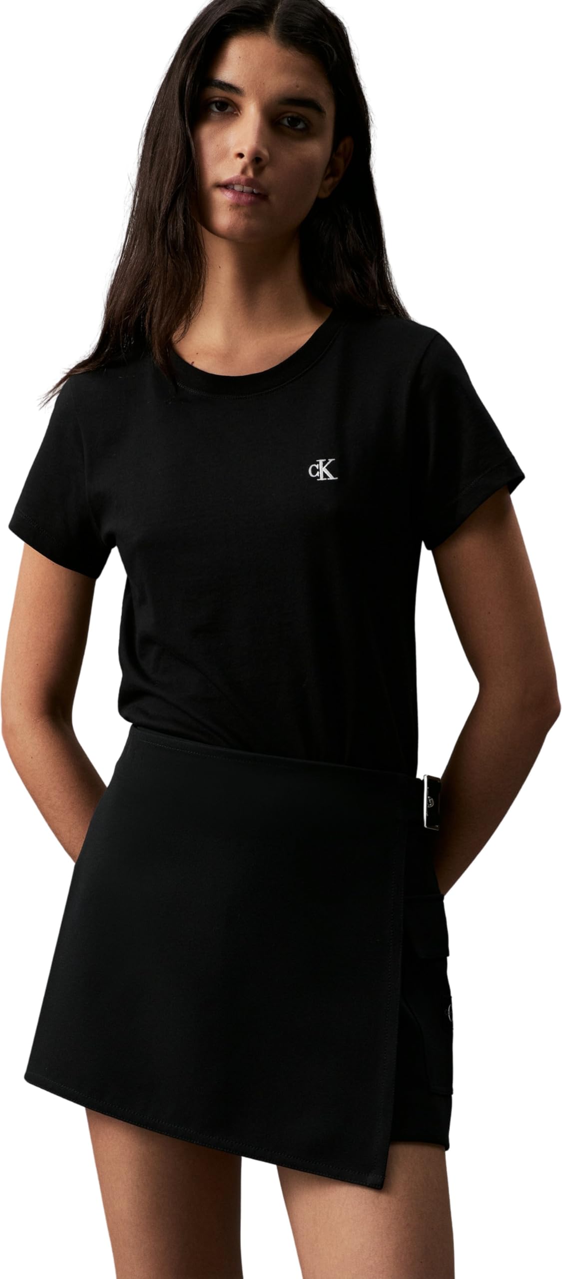 Calvin Klein Jeans Women Short-Sleeve T-Shirt Ck Embroidery Crew Neck, Black (Ck Black), XXL