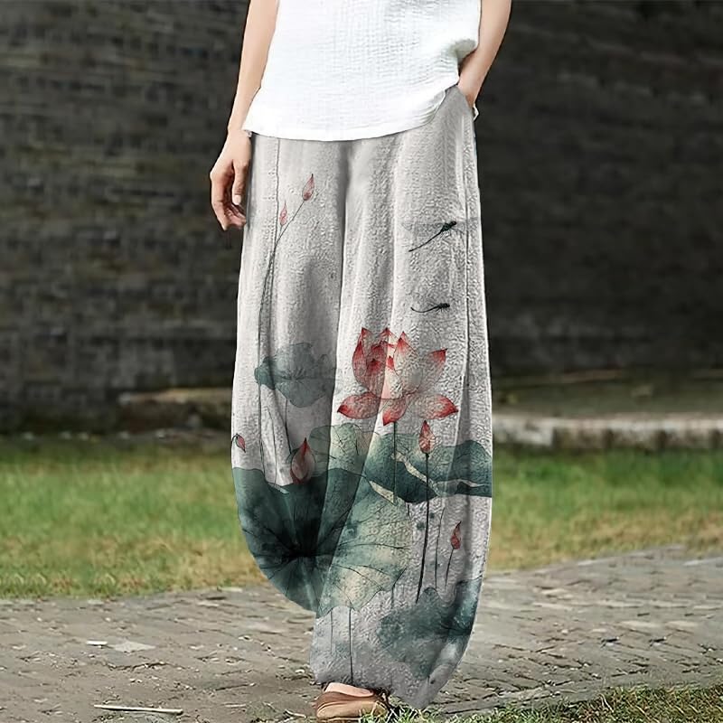 Women's Pants Casual Floral Print Wide Leg Relax Fit Ankle Length Lantern Trousers