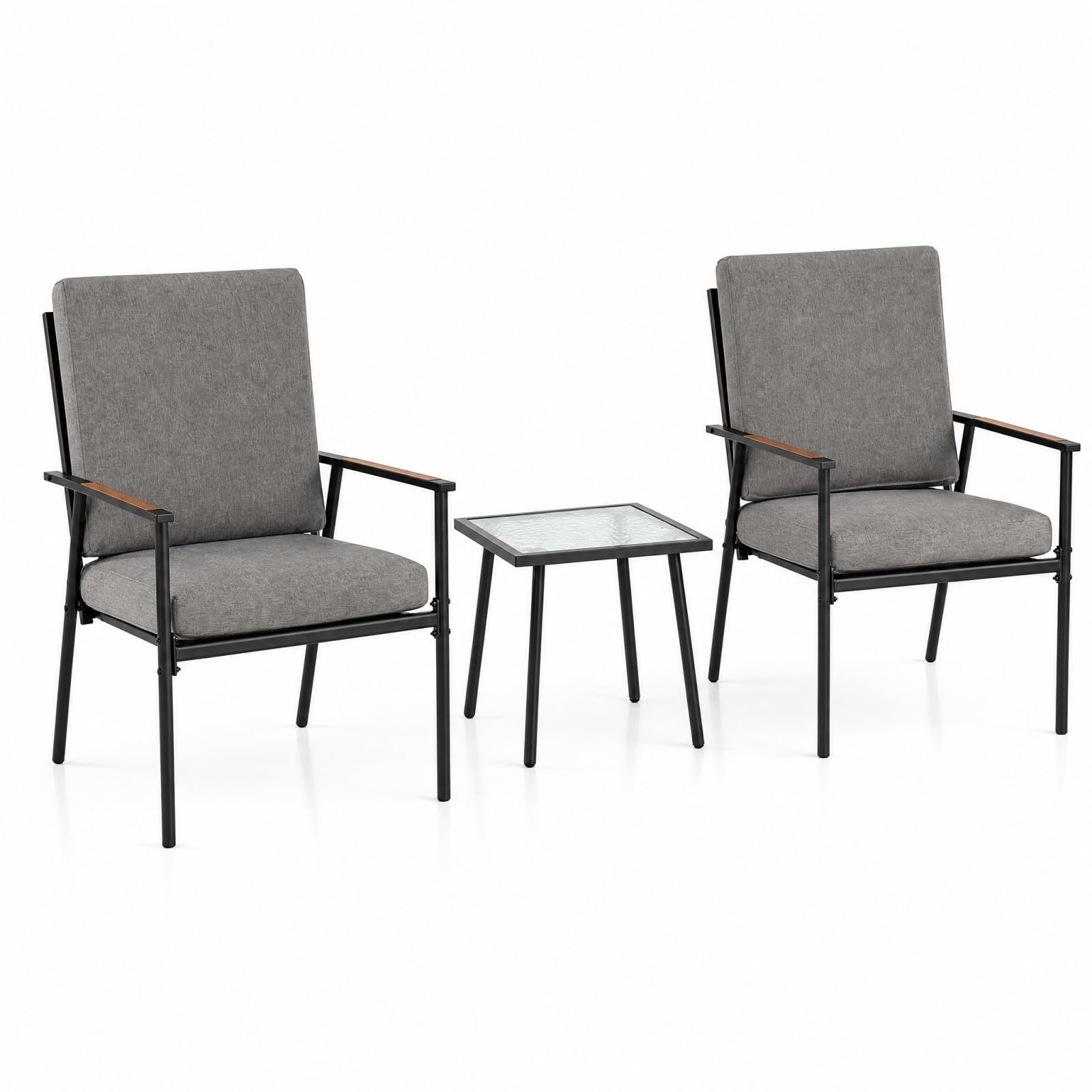 GOPLUS Juego de Muebles de Jardín Exterior de 3 Piezas con 4 Cojines | Conjunto de Conversación de Patio con 2 Sillas, Mesa Auxiliar de Vidrio Templado, Juego de Mesa y Sillas para Terraza Piscina