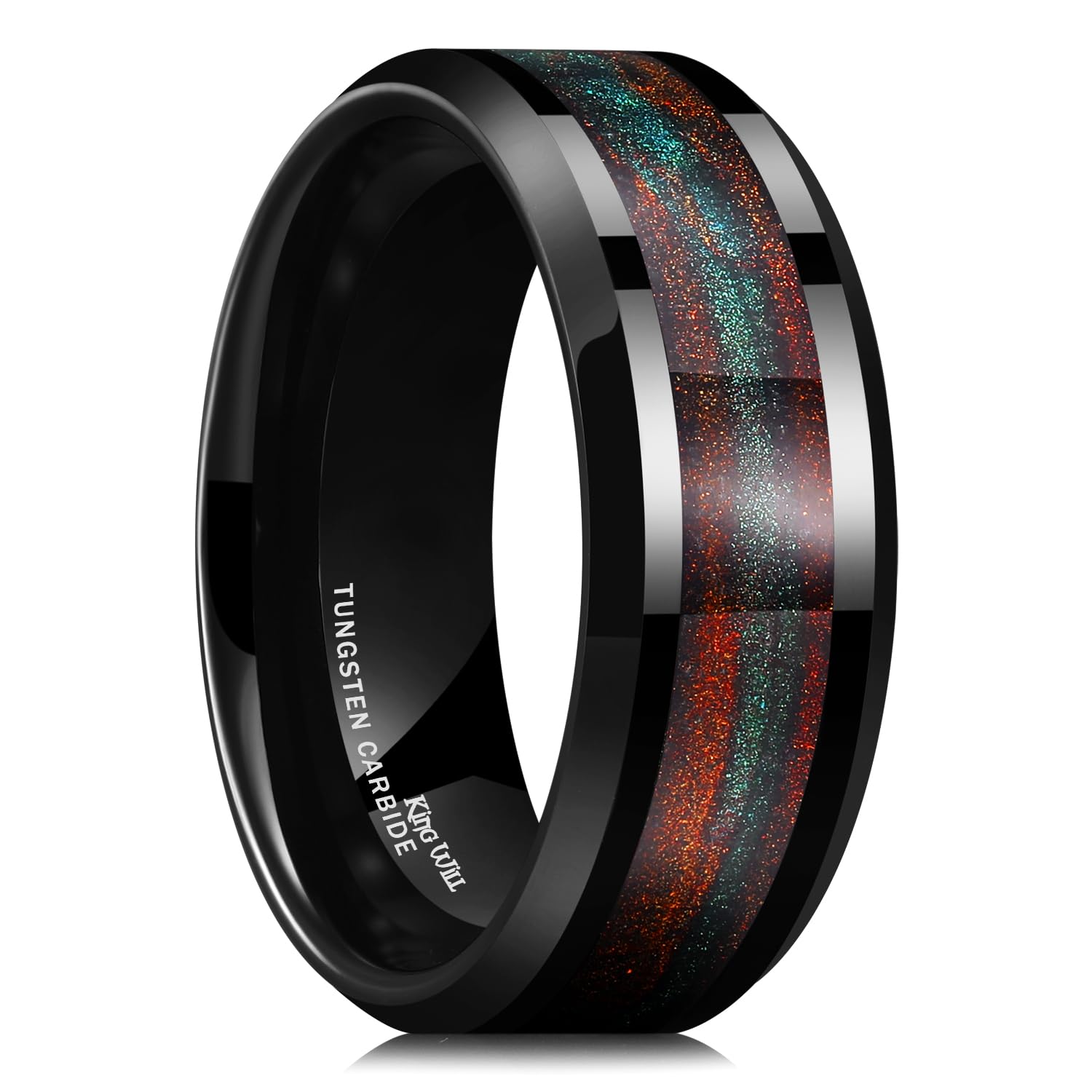 King Will Tungsten Carbide Wedding Band for Men - 8mm Black High Polished Inlay Blue Green/Blue Opal/Red Sand for Everyday Wear Comfort Fit Galaxy Collection