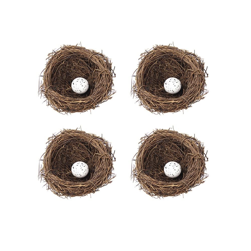 4 Set Bird Nest with Fake Quail Egg - Rattan Artificial Bird Nest Imitation Craft for Home Table, Garden Decor - Ornaments Speckled Fake Foam Quails Birds Eggs for Kitchen Wedding party