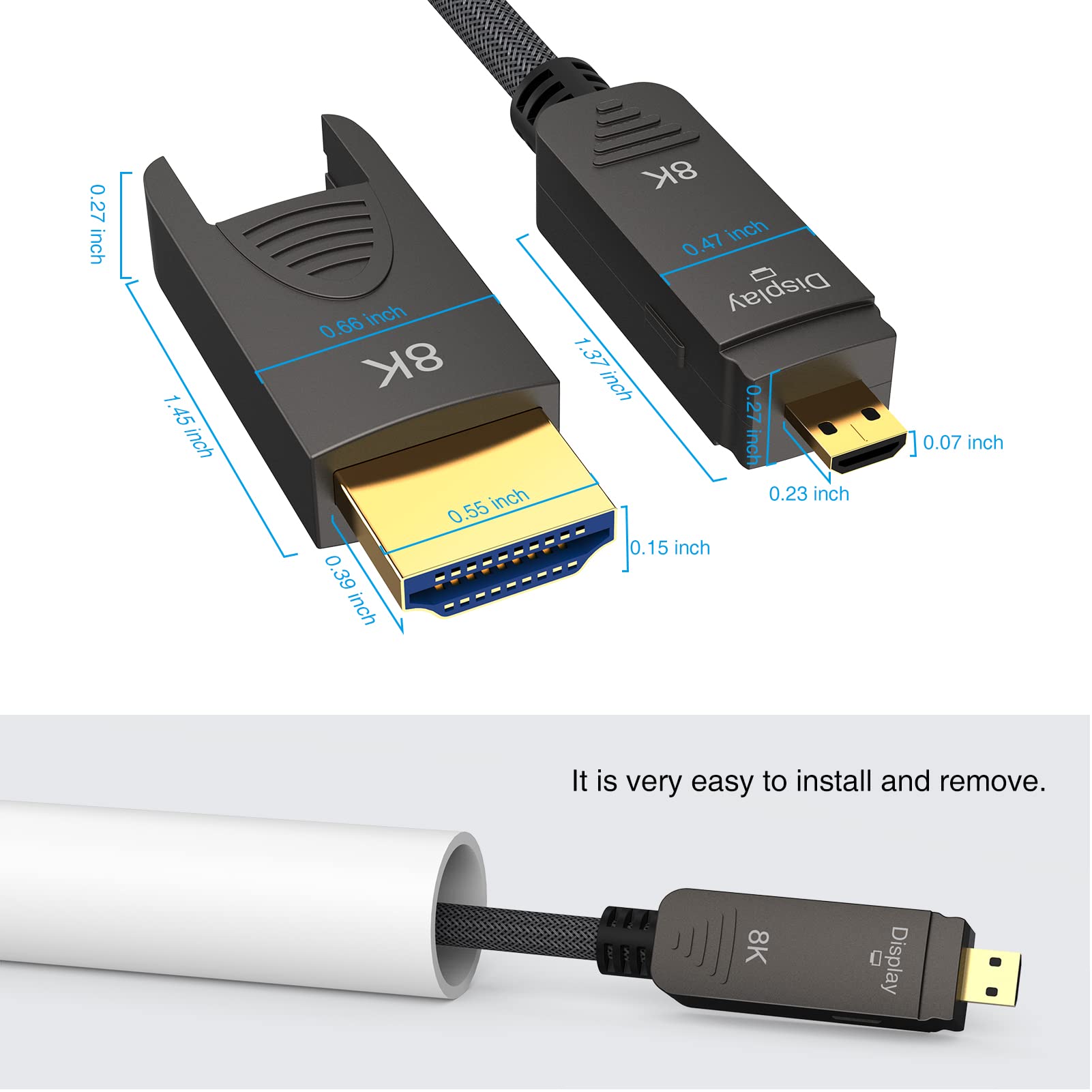 Cavo HDMI 2.1 in fibra ottica 8K 10,1 m, BIFALE Staccabile 8K HDMI 2.1 Supporto eARC, 48Gbps, 8K a 60Hz, 4K a 120Hz con doppio Micro HDMI per RTX 3080/3090, Xbox Series X, PS5, Denon AV Receiver