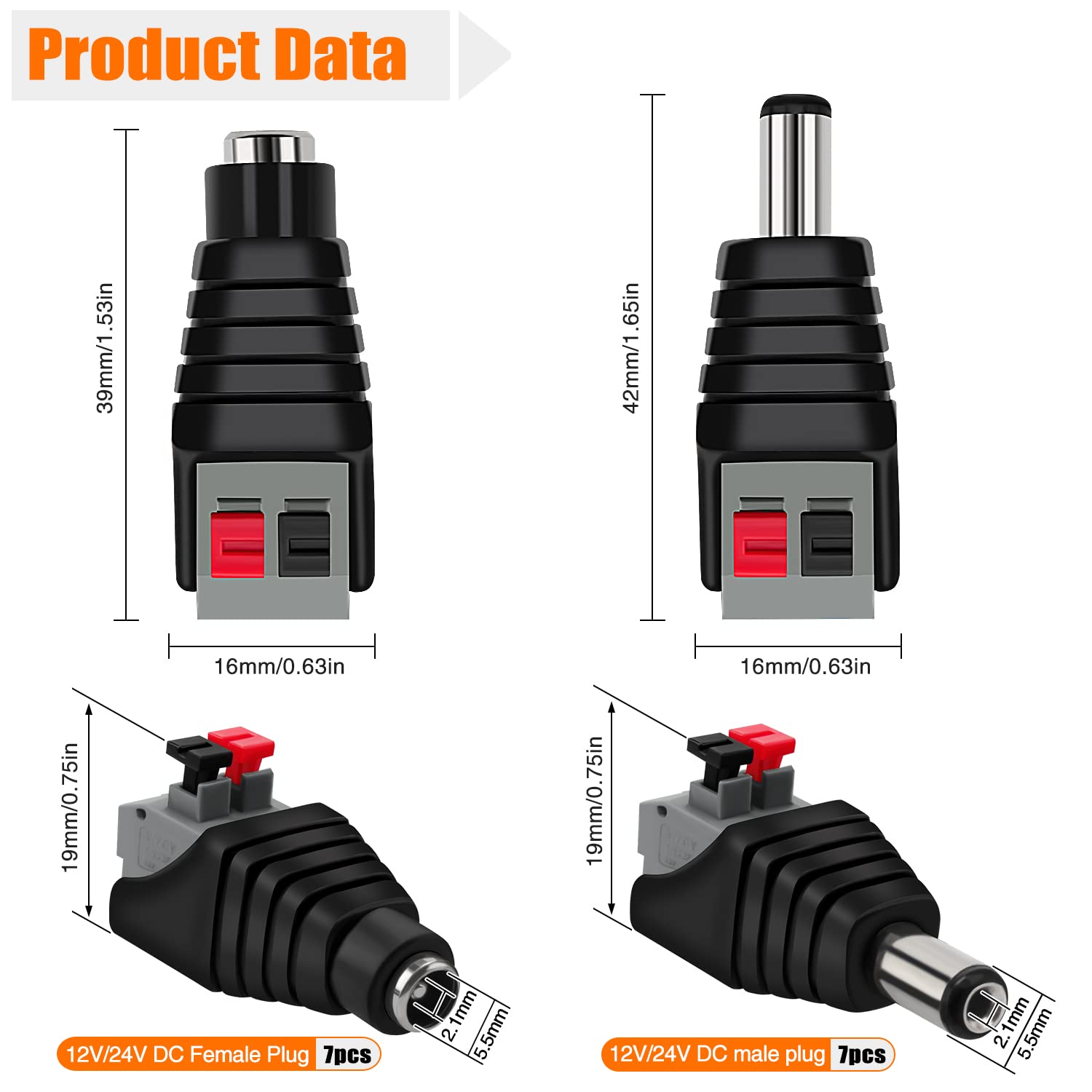 7 Paia Connettori di Alimentazione DC, KUOQIY 12V/24V DC Maschio e Femmina Connettore Spina Jack Set, Connettori Maschio + femmina 2.1 x 5.5mm, per Telecamera CCTV, Striscia Luminosa a LED