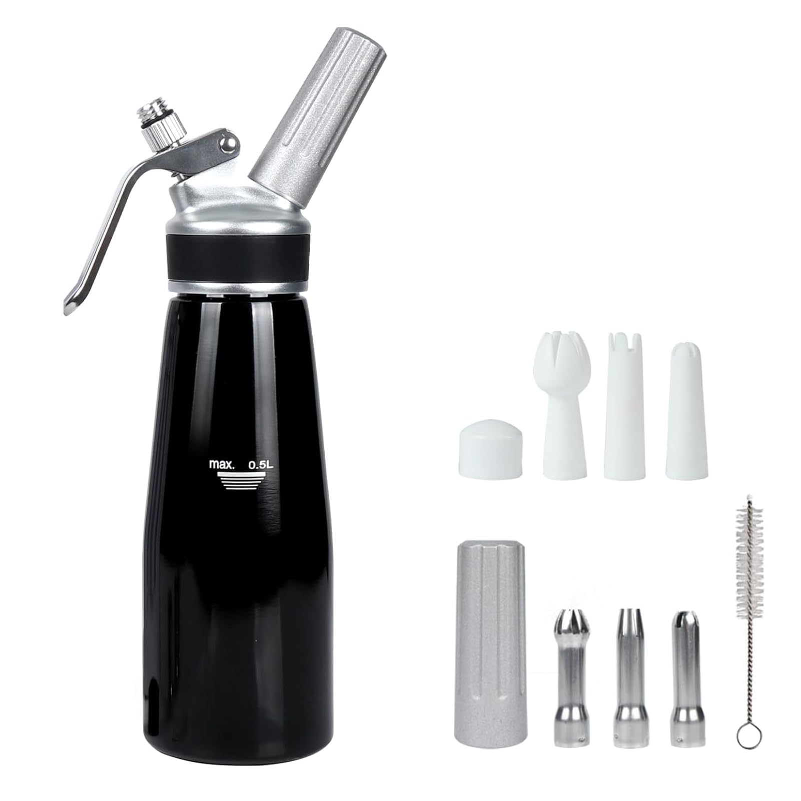 MostNow Whipped Cream Dispenser 500ml Cream Whipper With Sturdy Aluminum Body And Head,Cream Maker with6Decorating Nozzles,Leak Resistant,Use Standard8Gram N2OChargers (Not Included) (1 Pint-Black)