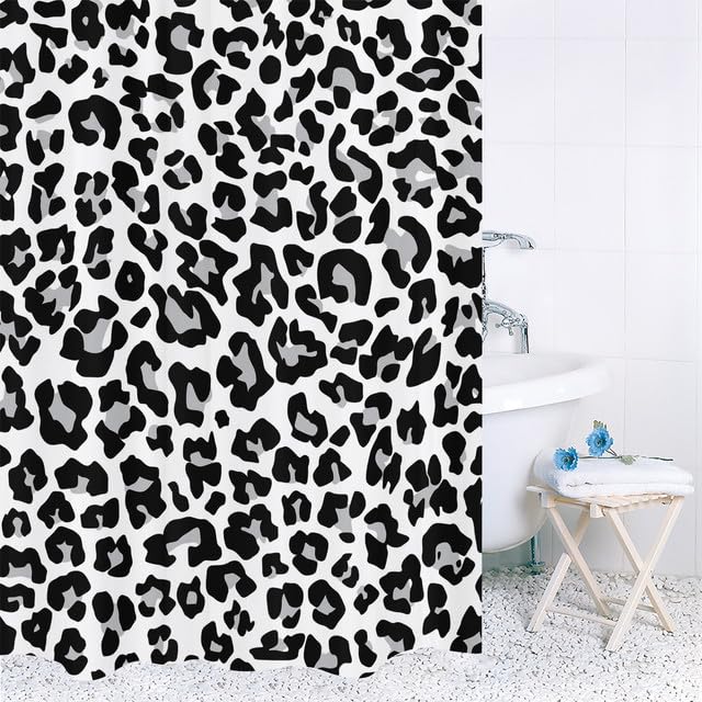 GardEssere Grey Leopard Print Curtain with 12 Hooks Snow Cheetah White Animal Pattern Fur Shower Curtains for Bathroom Decor Waterproof Bath Curtain Set 153X183 CM - Image 4