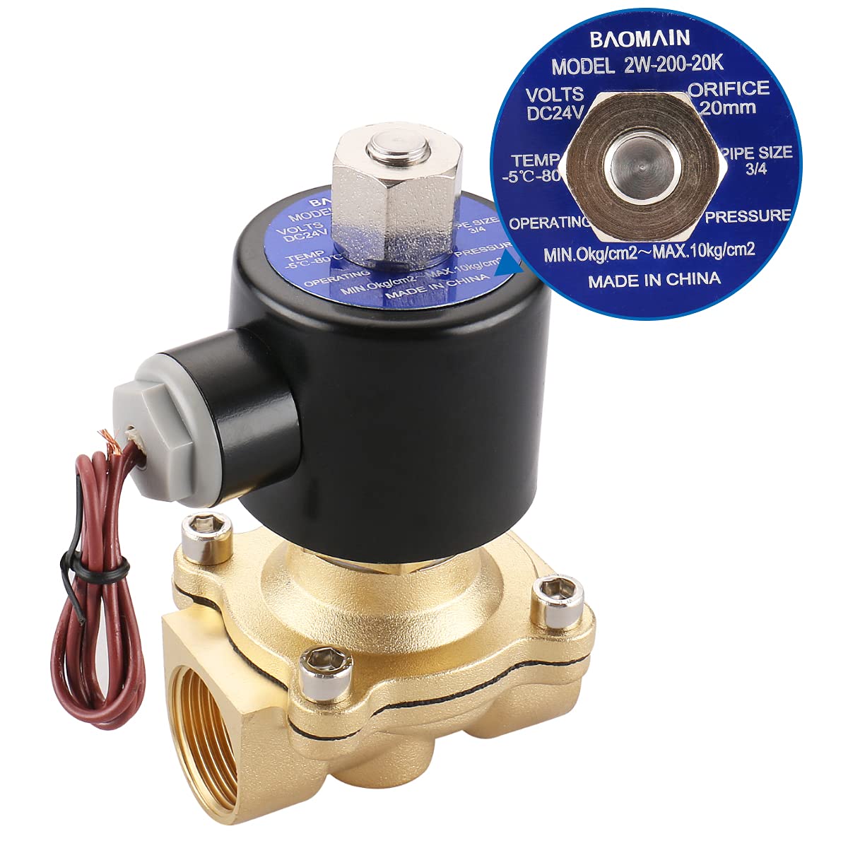 Baomain Pneumatic 3/4 Inch Normally Open 2 Way Brass Electric Solenoid Valve for Water,Air 2W-200-20K (DC 24V)