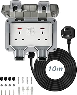 humpun 10m Outdoor Socket Waterproof, IP66 Rated Sockets for Outdoors, Double Socket with 10M Cable, Courtyard Weatherproof Outdoor Sockets 13 Amp, 2 Gang Storm Switched Outside Power Socket