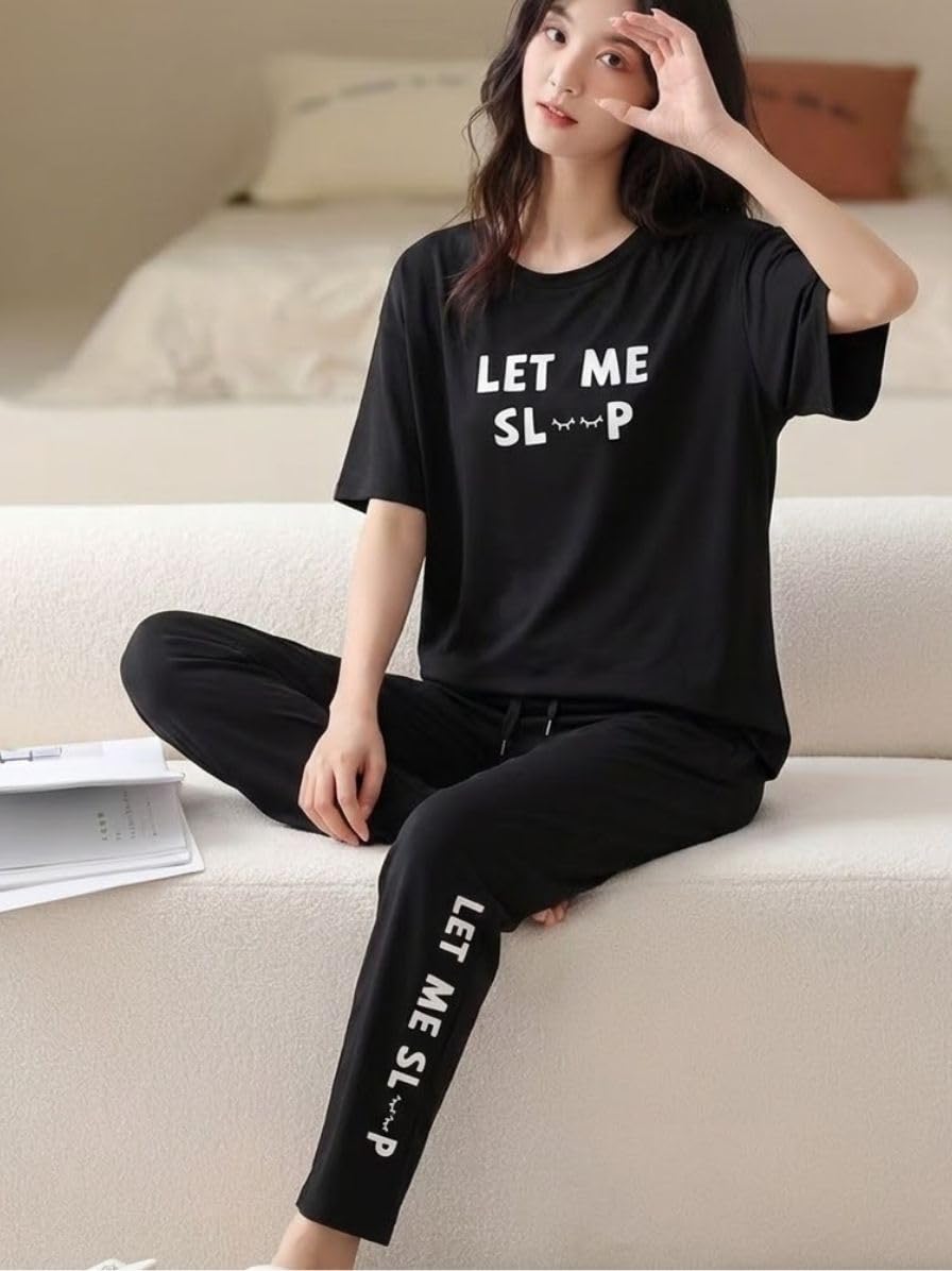 SMOWKLY Conjunto de pijama de dos piezas de mezcla de algodón de alta calidad con bonito estampado para mujer, camiseta elegante con pantalón de pijama, cómoda ropa de descanso