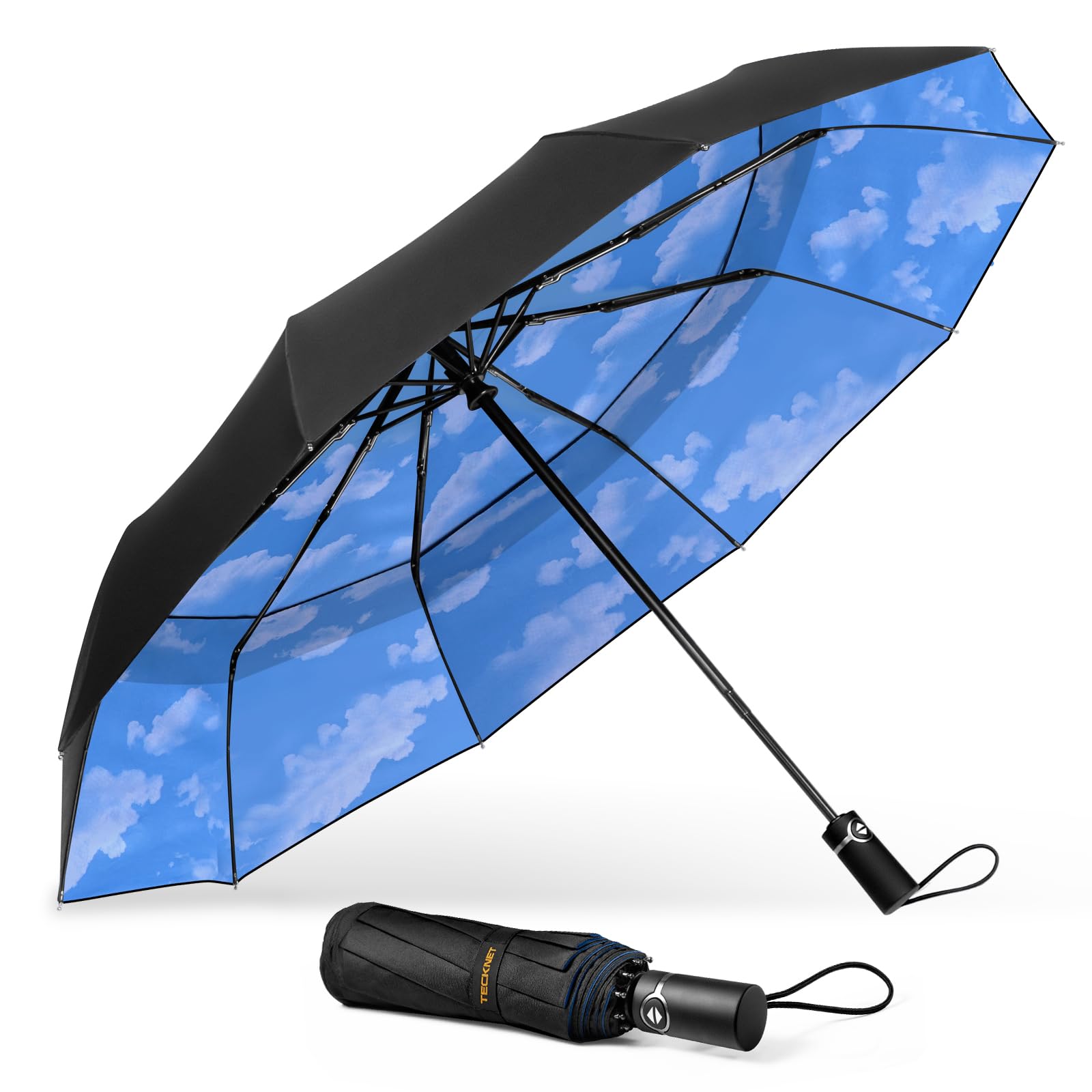 Tecknet Men's Sky Windproof Umbrella, Strong Compact Travel Automatic Umbrellas, Large Wind Resistant Umbrella With 10 Ribs, Folding Lightweight Golf Automatic Umbrella For Rain
