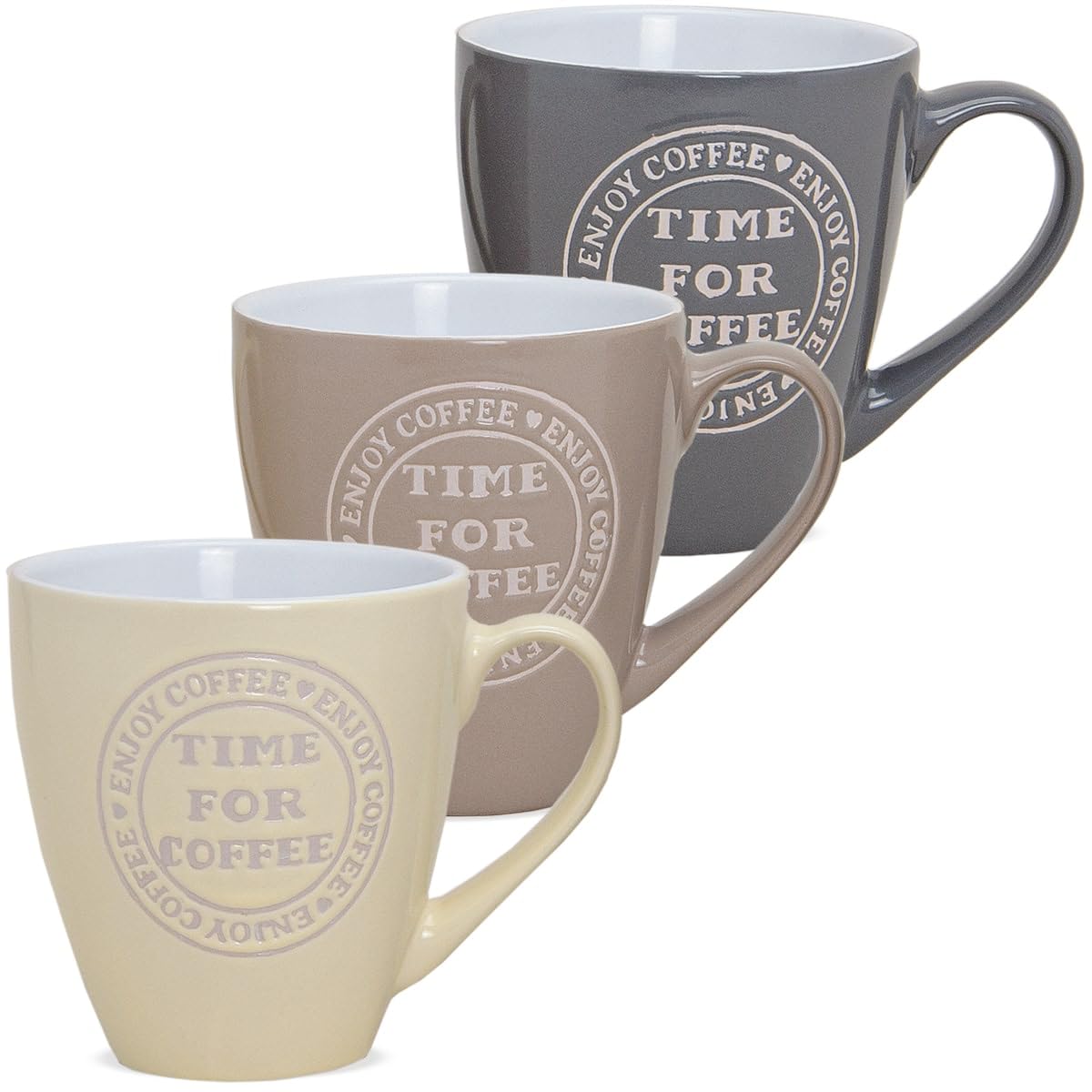XXL Tassen 24er Set TIME FOR COFFEE Spruch in creme beige grau - Große Keramik Kaffeebecher in 400ml für Tee Kaffee Cappuccino - Kaffeetassen spülmaschinenfest und mikrowellengeeignet