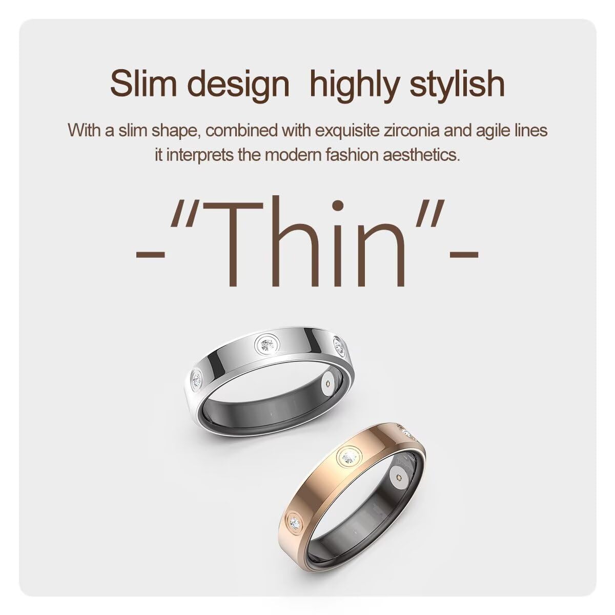 Bague intelligente fine or rose argent pour homme et femme - Tracker Android iOS - Podomètre - Fréquence cardiaque - Calories - Tracker d'activité - Anneau intelligent - Anneau de sommeil