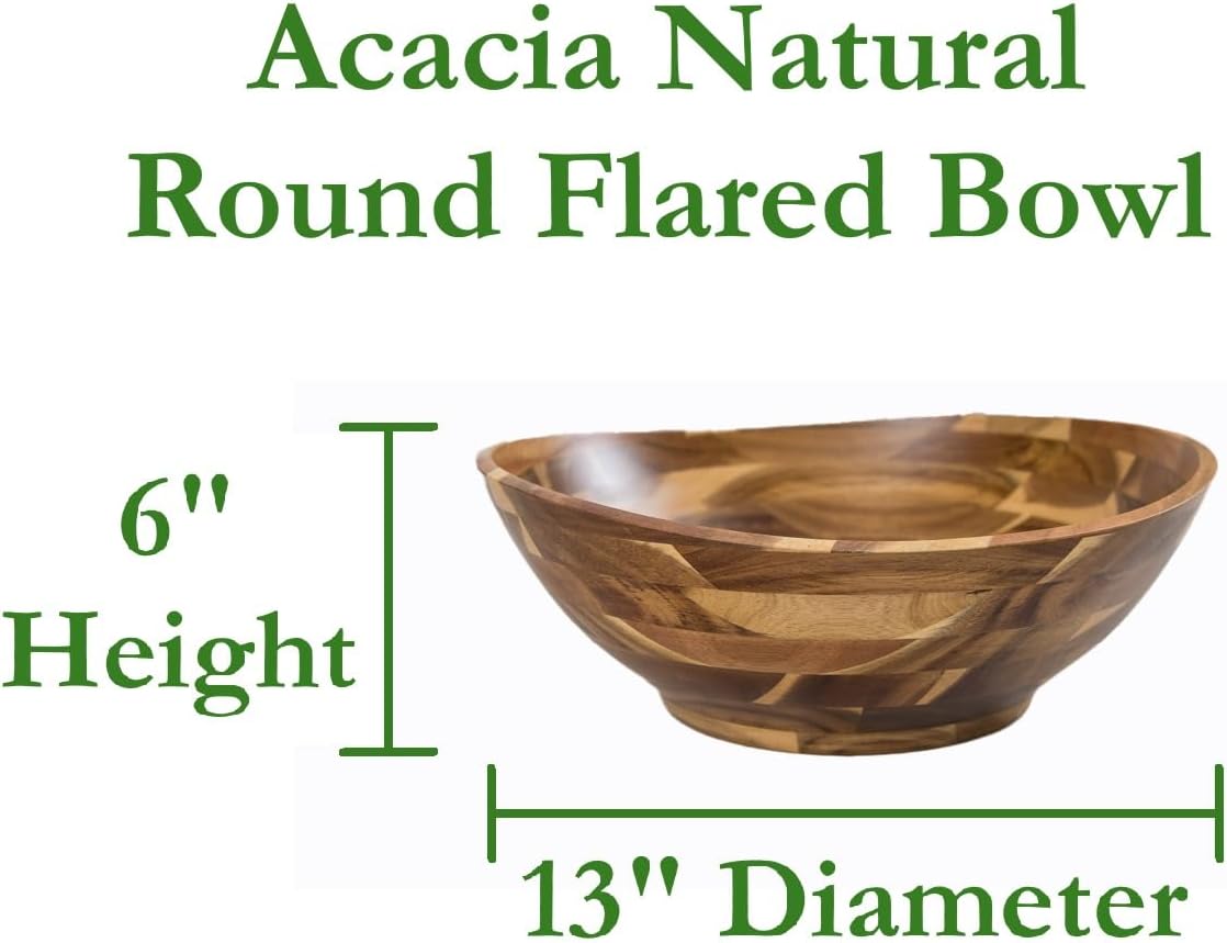 Lipper International Acacia Natural Round Flared Bowl for Fruits, Salads, or Popcorn, 13" Diameter x 6" Height, Single Bowl