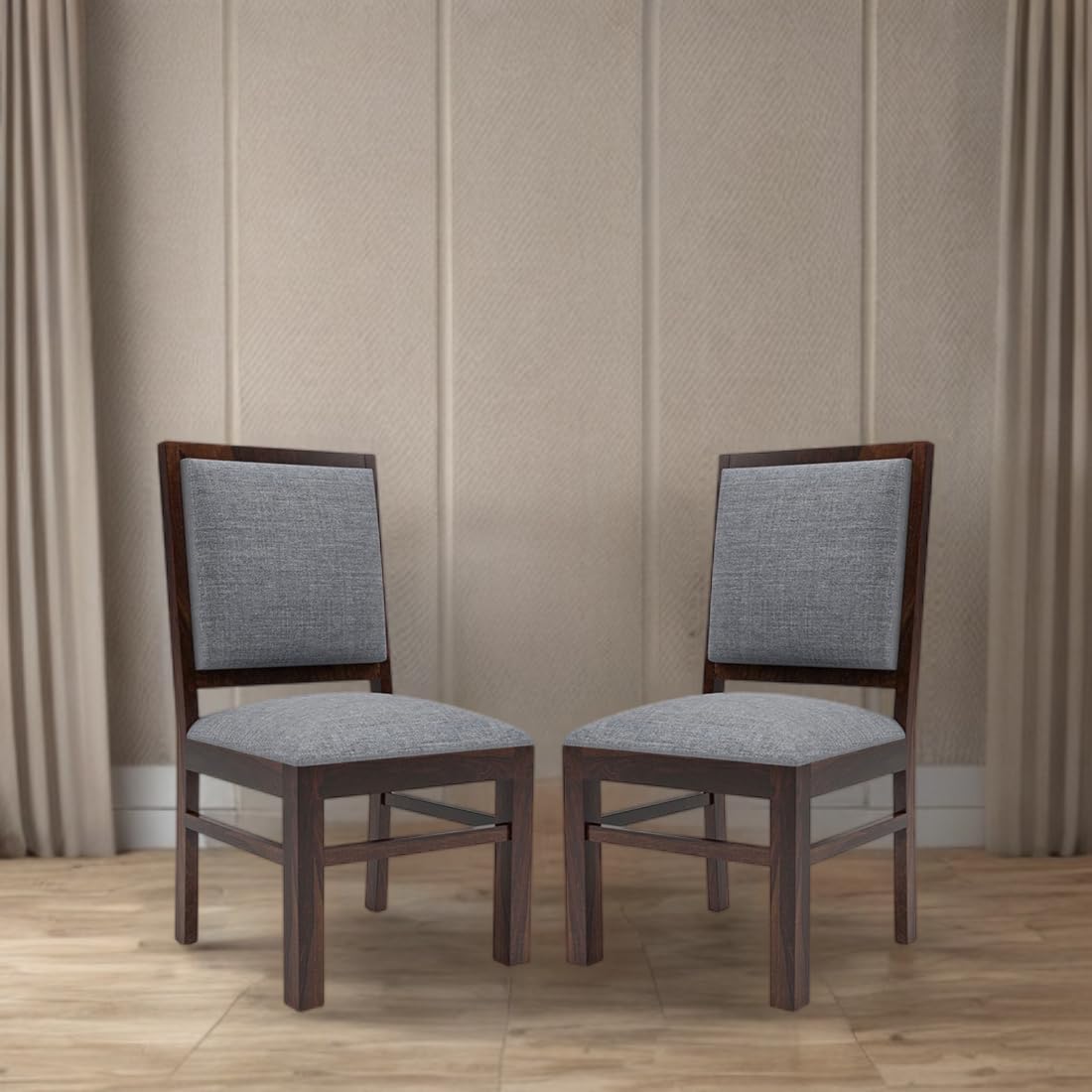HANDWOOD FURNITURE Modern Home Furniture | Solid Wood Dining Chair Set of 2 | Study Chair for Home & Office |Walnut Finish with Grey Cushions | Pre Assembled (Ready to Use)