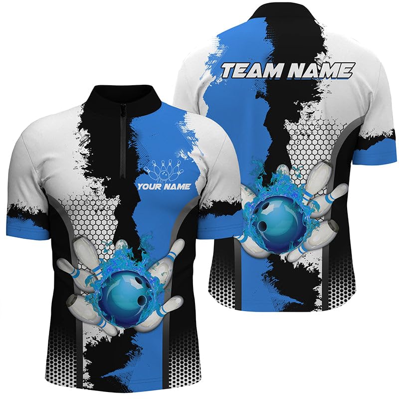 Schwarz-Weißes Bowling Liga Trikot mit Feuerdesign, Personalisiertes Herren & Damen Polo & Viertelreißverschluss Shirt, Geschenk für Bowlerinnen | Blau N7189