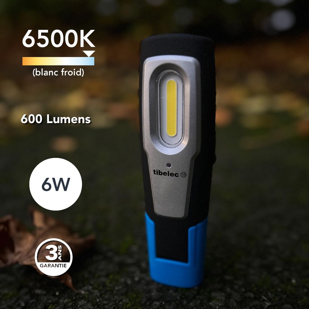 Baladeuse LED rechargeable sur socle 6W, 600 lumens, IP54, IK07, crochet, mode torche, aimanté, garantie 3 ans - Tibelec