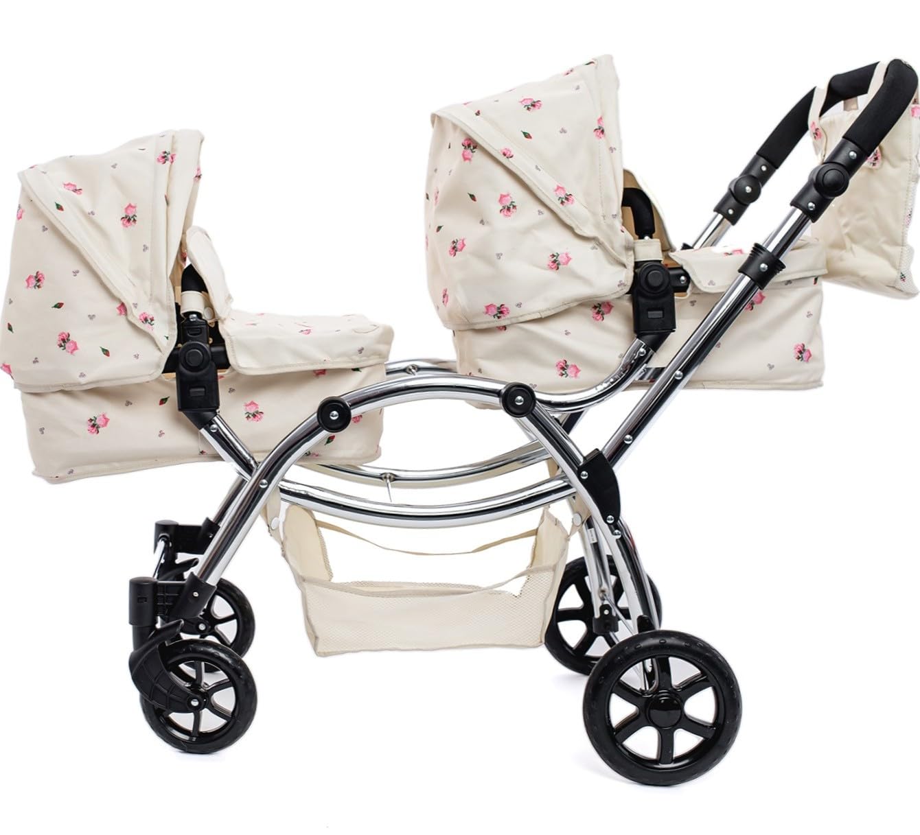 Roma Darcie Twin Dolls wózek dziecięcy w kolorze kremowym, odpowiedni dla dzieci w wieku od 3 do 16 lat, regulowana wysokość uchwytu, 16 kombinacji, podwójna zabawka dla lalek na Boże Narodzenie,