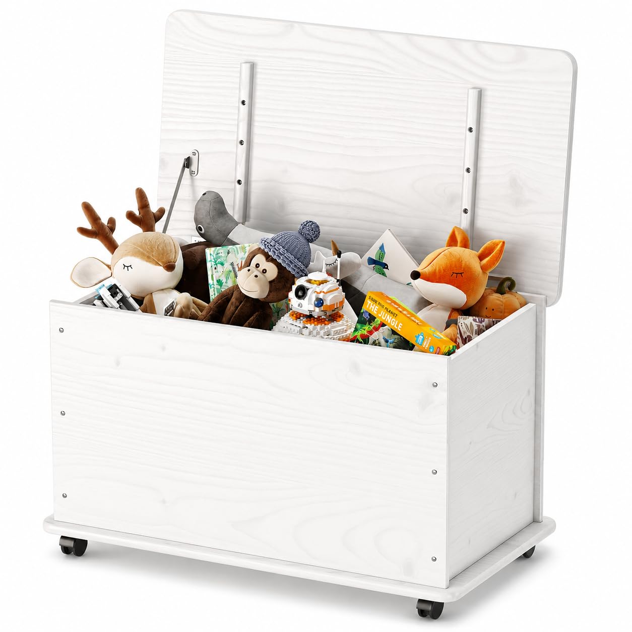 KMH® Premium Spielzeugkiste Holz Weiß mit 4 Doppelrollen und Deckel, 70L Spielzeugtruhe aus massivem Pinienholz, Sitztruhe Holztruhe Aufbewahrungsbox Kinderzimmer Stangenscharnier 73x40x43,5 cm