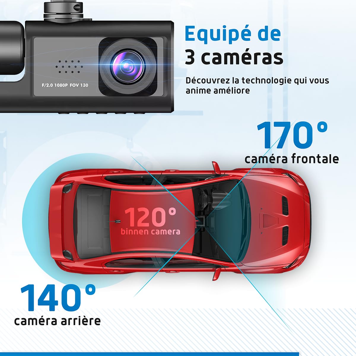 Fleau Tech Dashcam pour Voiture 3 en 1 - Caméra Avant et Arrière - G-Sensor - Full HD - Objectif Grand Angle 170° - Enregistrement en Boucle - Carte Micro SD 32 Go (Dashcamauto 3 en 1)