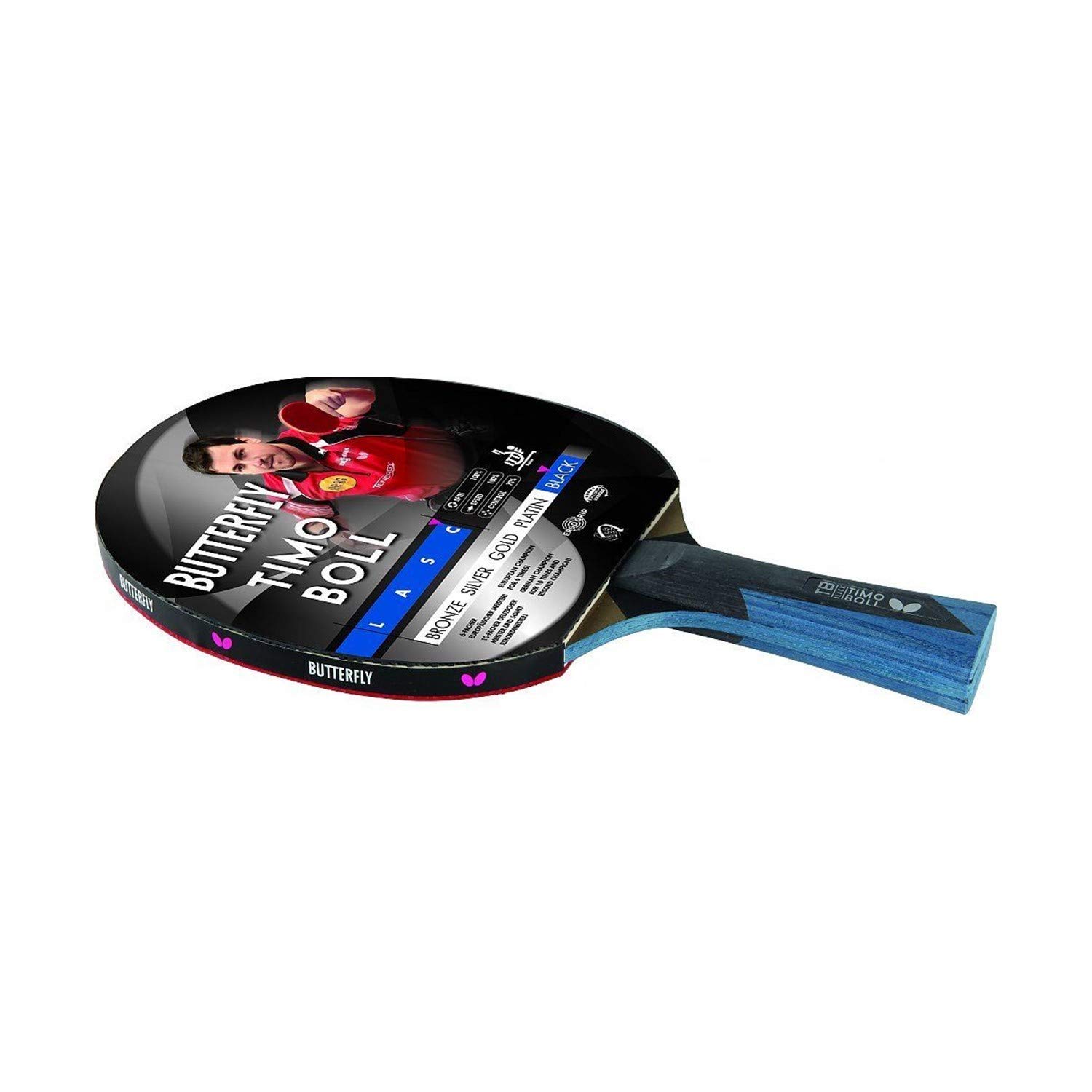 Butterfly® Timo Boll Black rakieta do tenisa stołowego, rakieta do tenisa stołowego, dla zaawansowanych technicznie graczy, z certyfikatem ITTF Wakaba, anatomiczny kształt uchwytu