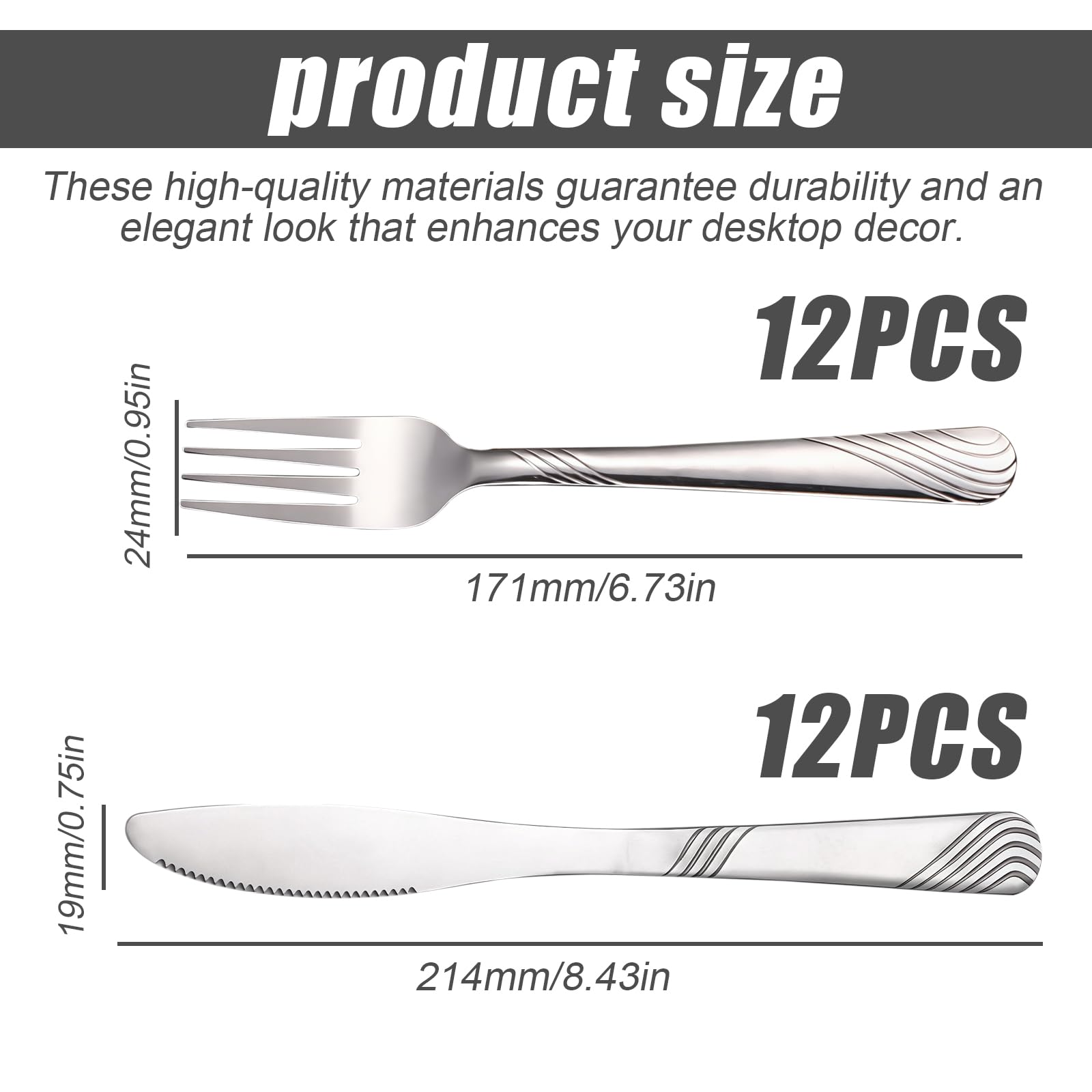 Coltelli e forchette da bistecca in acciaio inossidabile: set di posate da bistecca lucidate a specchio con 12 coltelli e 12 forchette, set di Coltello e Forchetta per casa, ristorante(argento)