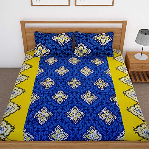 Image of Story@Home 120 TC 1 Bedsheet for Double Bed Cotton with 2 Pillow Covers, Motif Pattern, Blue & Yellow