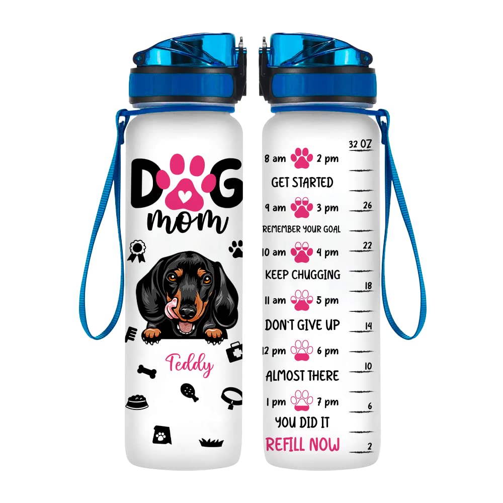 Personalized Dog Mom Water Bottle with Times to Drink- Custom Dog Breed - Motivational Drinking Water Bottles with Carrying Strap, Leakproof BPA &