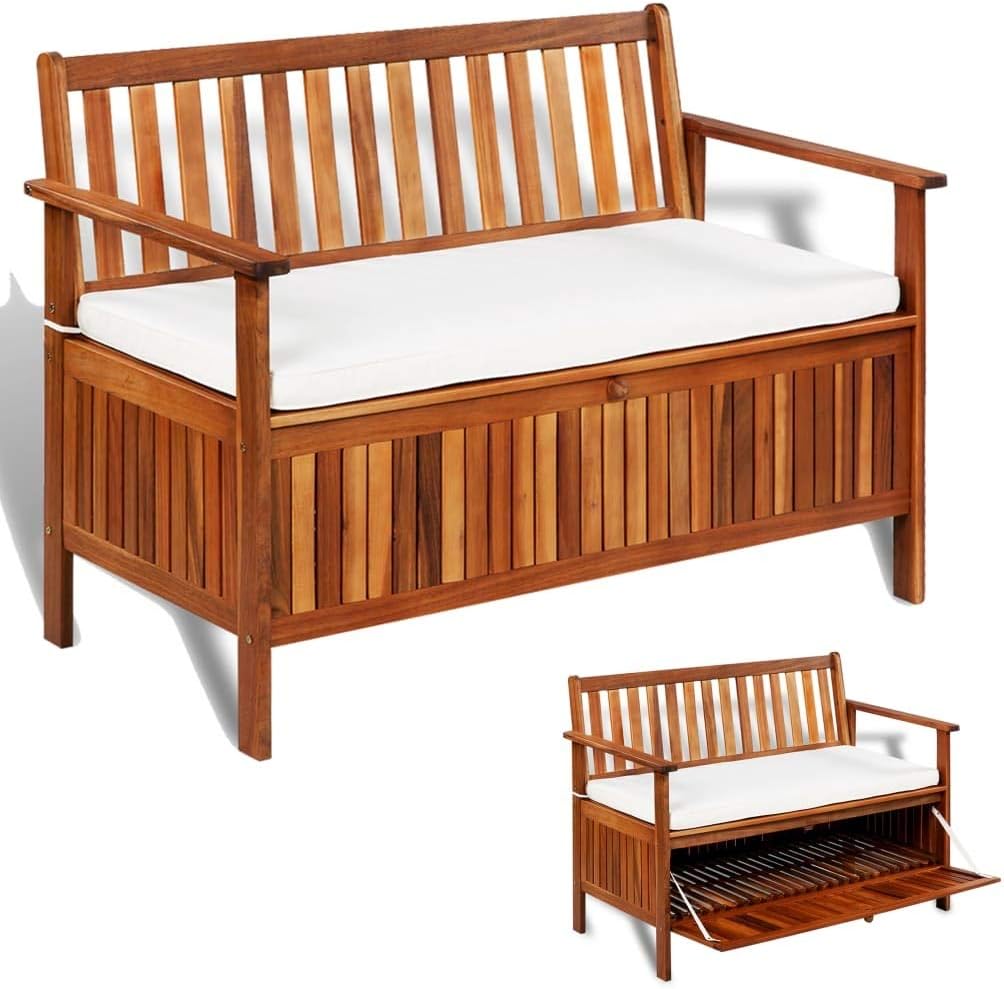 Baúl de jardín exterior de madera maciza de acacia, baúl de jardín, baúl de jardín, baúl de exterior, 120 x 63 x 84 cm