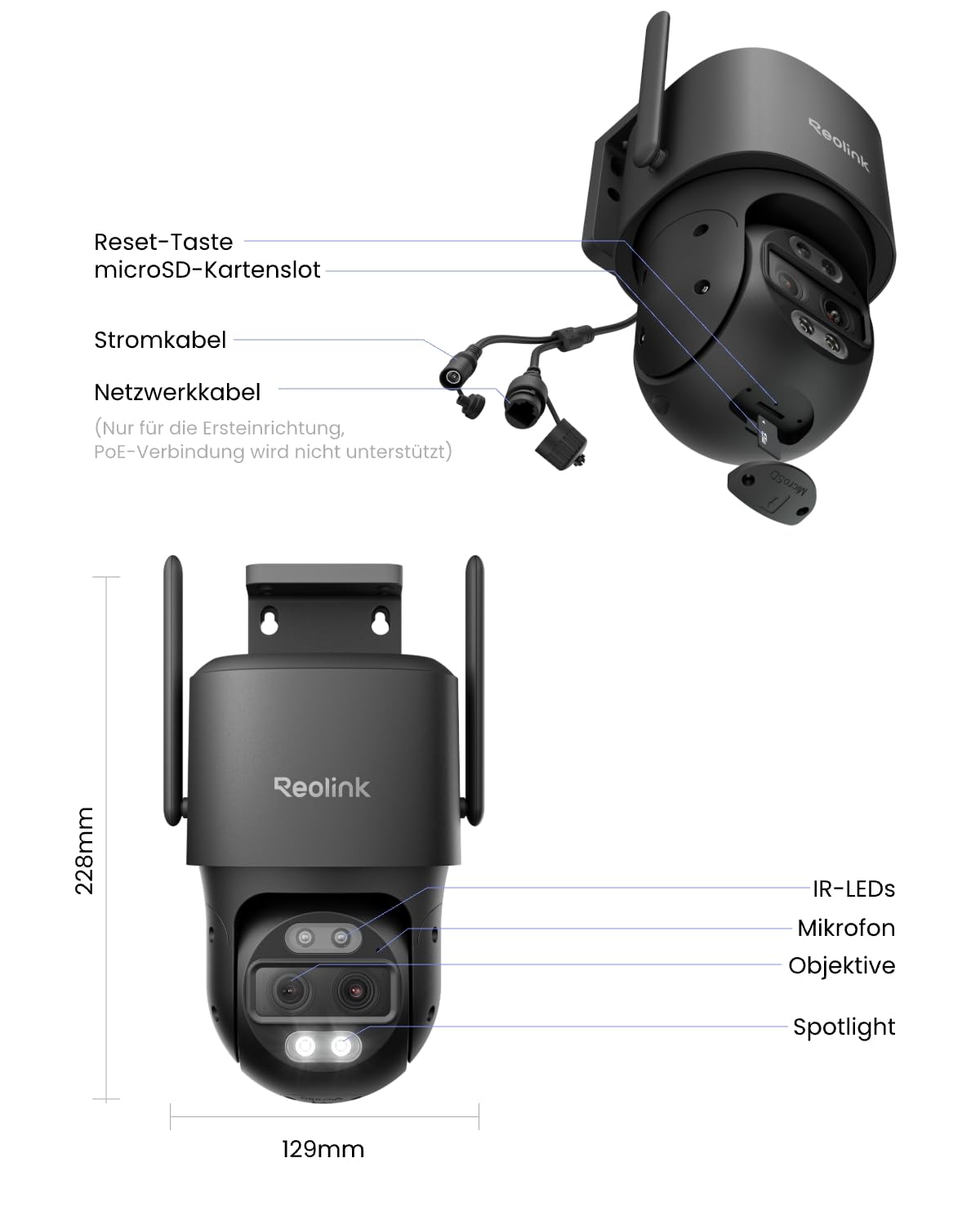 Reolink 4K 8MP Wi-Fi 6 PTZ Überwachungskamera Aussen WLAN mit Auto-Tracking-Zoom, Dual-Objektiv, Dual-Ansicht, WLAN Kamera Outdoor mit Smart-Erkennung, Farbnachtsicht, Außenkamera, TrackMix WiFi Grau