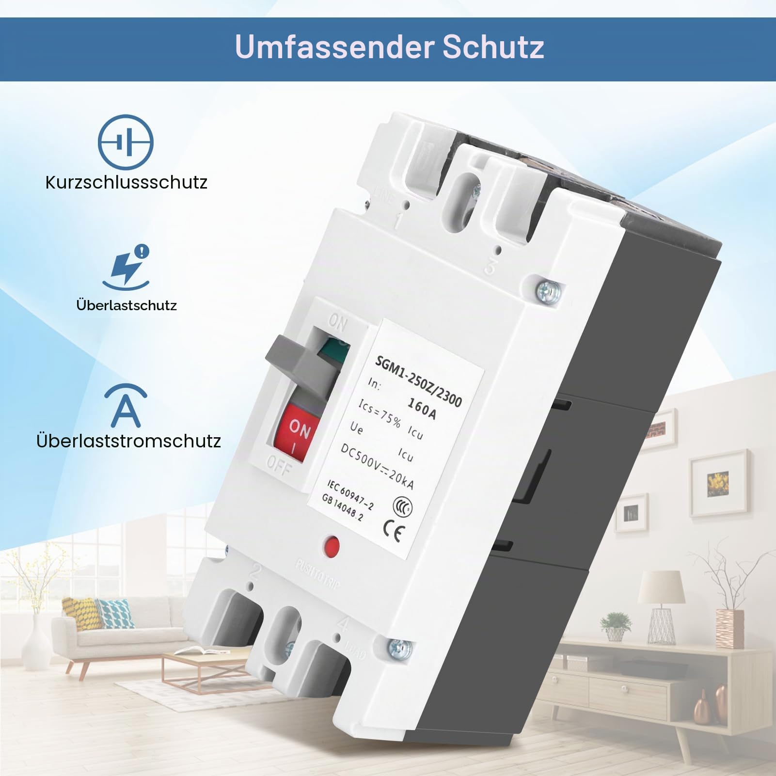 DC-Leistungsschalter 2p Kunststoffgehäuse-Leistungsschalter Solarschalter 500 V 160 A, Geeignet für Solarpanel-Stromnetzsysteme