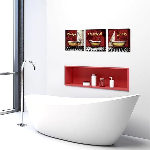 Miniatura 4 de SkenoArt Decoración de pared de baño rojo y negro, 3 piezas, para relajarse, relajarse, remojar, remojar, arte de pared, decoración de baño burdeos,