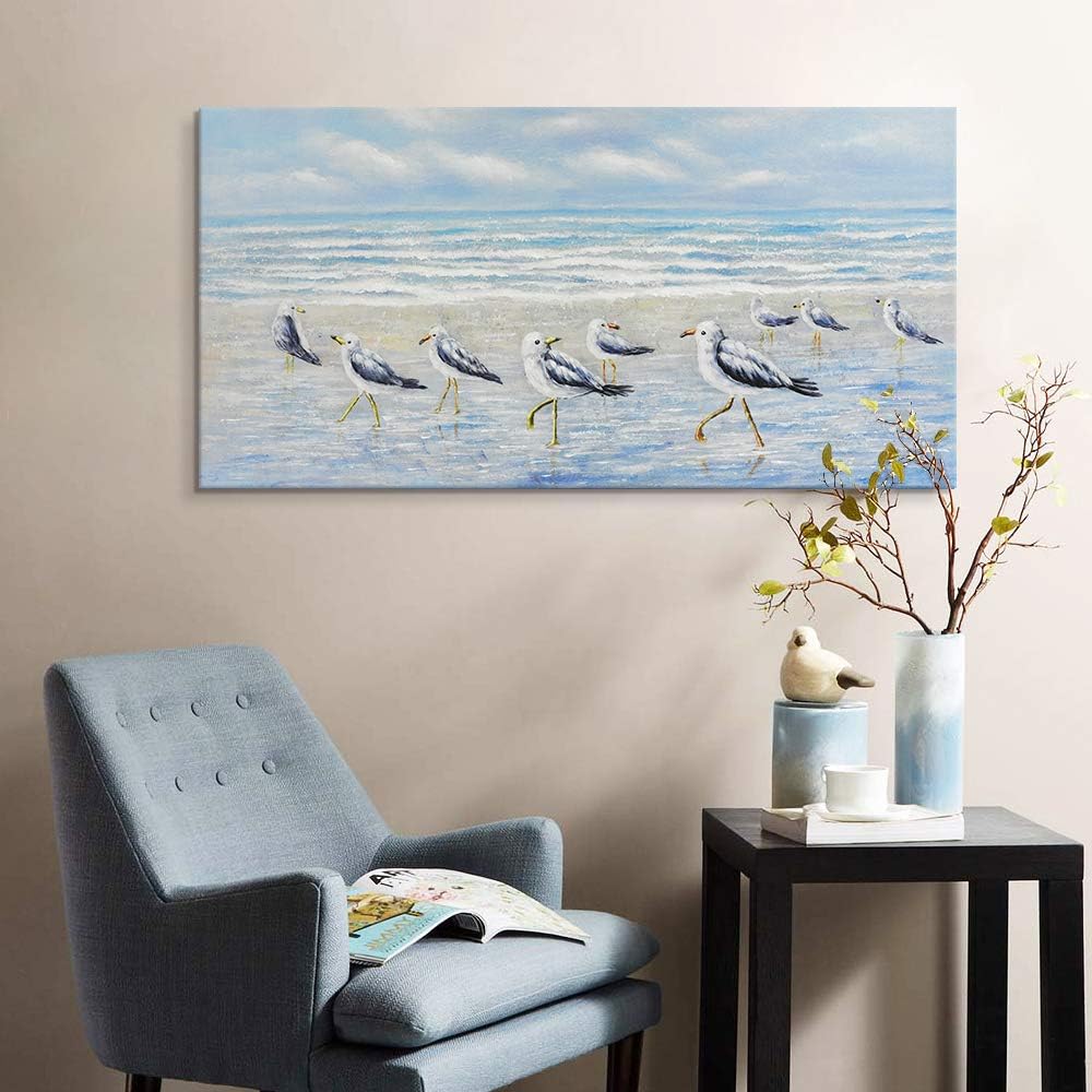 Seaside Pictures Ocean Beach Theme Wall Art Sea Birds by The Sea Shore Decor Seagull Oil Painting Canvas Artwork Gallery Wrapped for Living Room Bedroom Bathroom Easy to Hang