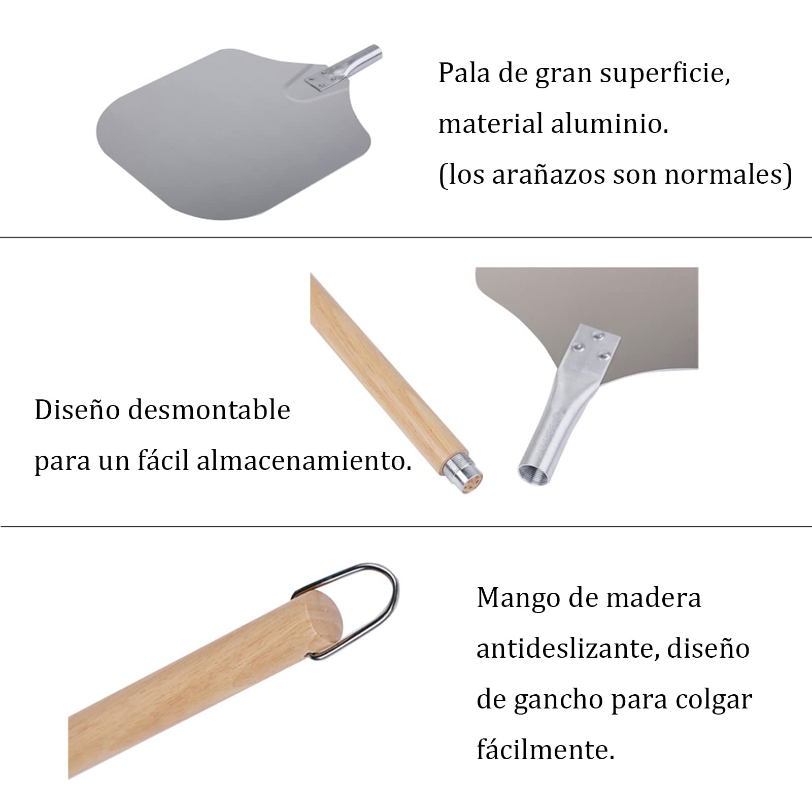 Pala para Pizza, Palas para Pizzas Profesional, Pala de Pizza de Aluminio, con Antideslizante Mango de Madera, Ligero, Utilizado en el Horno, Pizza Horneada a Mano y Tostadas (S,92cm/36in)