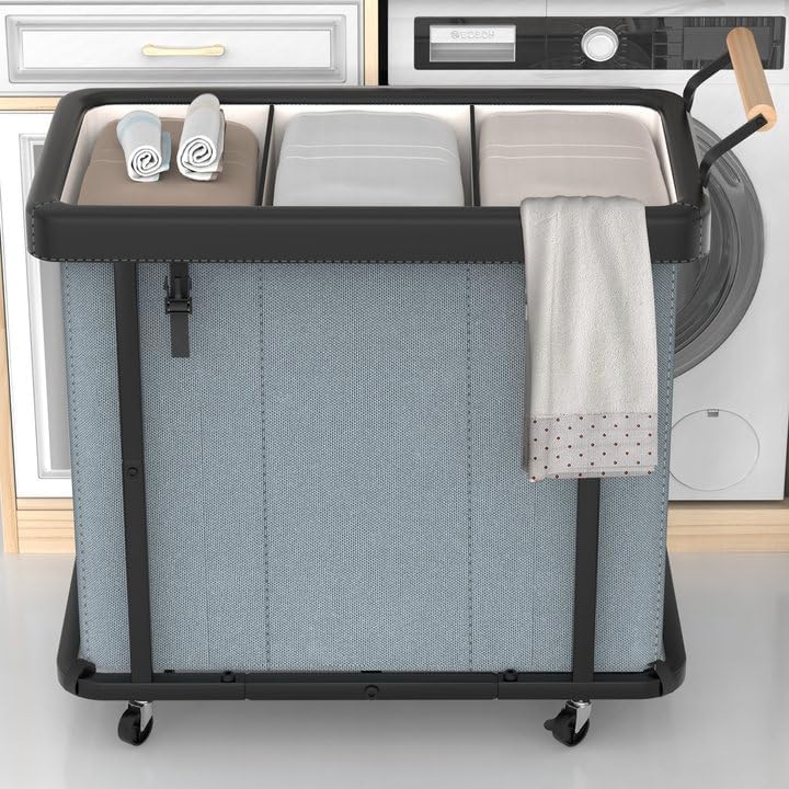 60 Gal (230L) Laundry Hamper 3 Section with Lid, Leather Patchwork Laundry Sorter with Rolling Lockable Wheels and Handle, Laundry Basket Organizer for Laundry Room, Bedroom and Bathroom - Gray