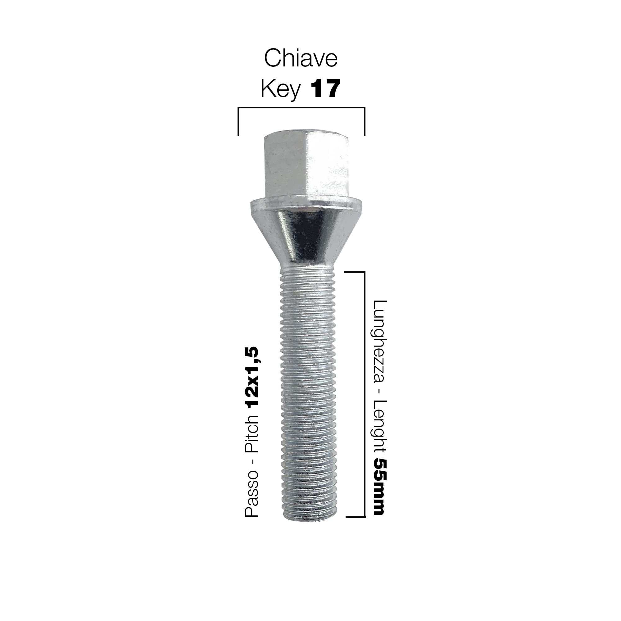Bullone Ruota Sferico per Cerchi in Lega misura 14x1,50 Lunghezza 60 mm