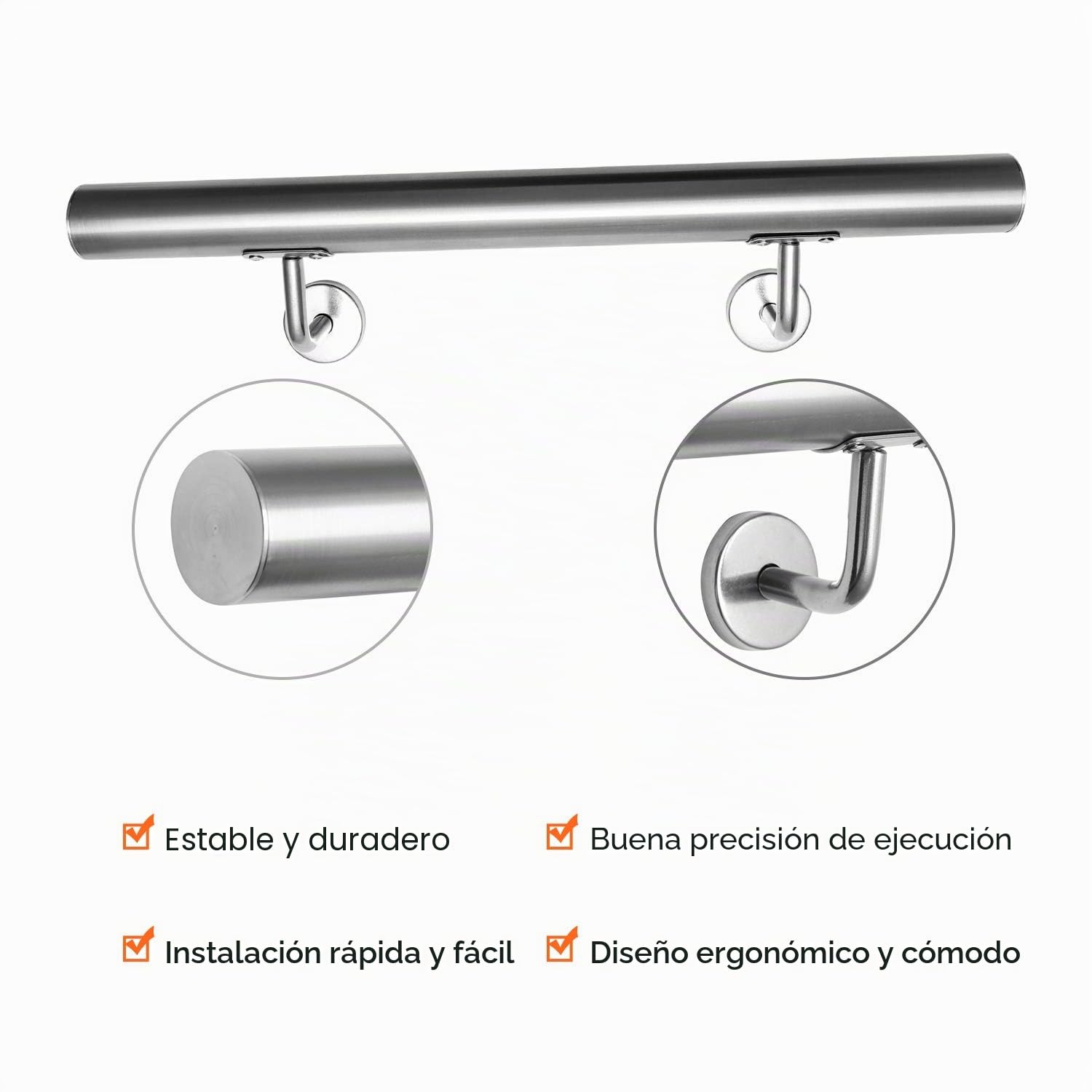 Pasamanos de acero inoxidable, pasamanos antideslizante, 80 cm, pasamanos de pared para exterior e interior con soportes de pared, material de montaje
