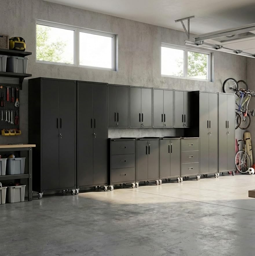 Image of 12-Piece Heavy Duty Steel Garage Cabinet System | All-in-One Modular Garage Cabinet Set for Ultimate Workshop Organization | Easy Assembly Garage Storage Cabinets & Tool Bench (Black)