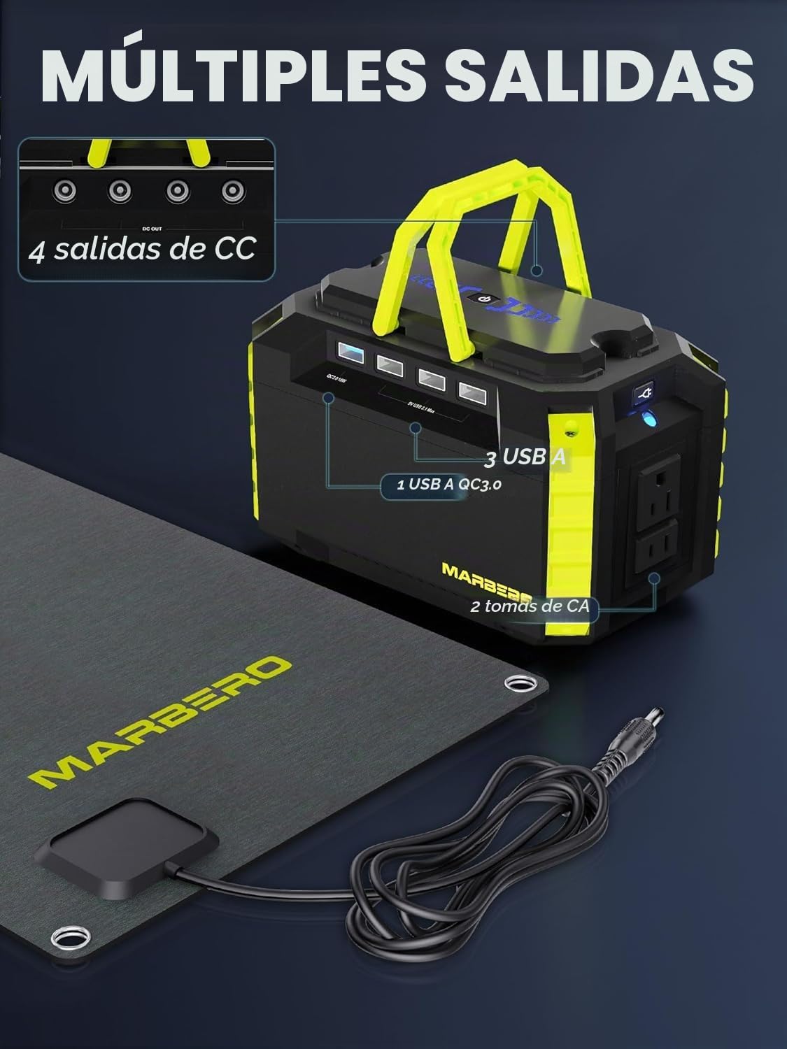 MARBERO - Generador solar de 150 W con panel solar incluido, alimentación para camping, 150 Wh con panel plegable de 30 W para exteriores, autocaravana, pesca, emergencia