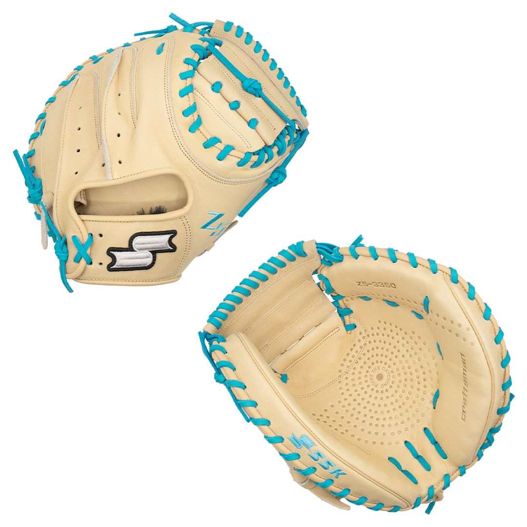SSK Z5 Craftsman Baseball Catcher’s Mitt – 32.5” - 33” - 33.5” – Right & Left Hand Throw (Camel/Electric Blue, 33.5