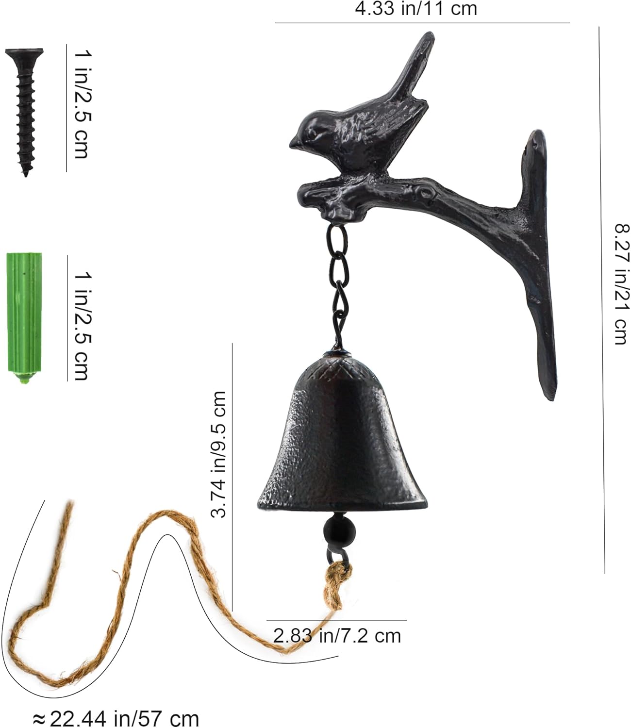 MrMrKura Vintage Cast Iron Dinner Bell with Cute Bird, Black Hanging Bells with Rope for Farmhouse, Home, Church, School and Tavern Decor
